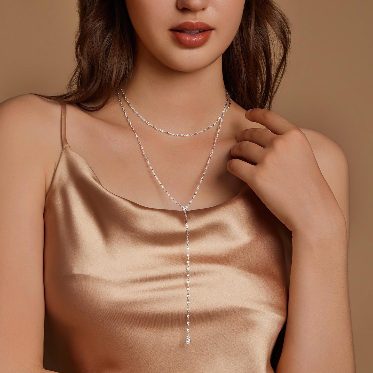 Luxval Silver Necklace for Women Dainty 14K Silver Plated Layered Necklaces for Women Trendy Lariat Shinny CZ Long Necklace Simple Jewelry Gifts