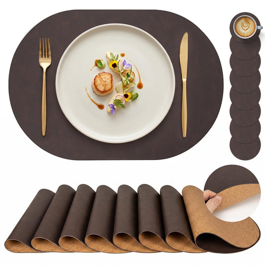 Premium Oval Faux Leather Placemat & Coaster Set with Innovative Cork-Look Printed Base，4/6/8-Piece Sets & 8 Colors，Non-Slip Dining Table Mats for Kitchen Dining