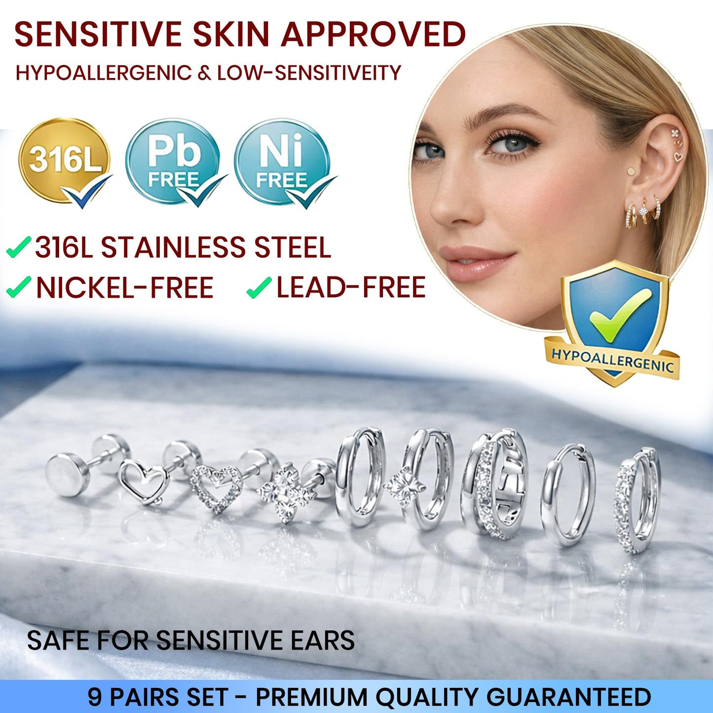 Nunpag 9 Pairs Hypoallergenic Trendy Silver Flat Back Earrings for Women CZ Stones Studs Earring Circle Heart Clover Hoop Earrings Stainless Steel Jewelry Gift for Sensitive Ears