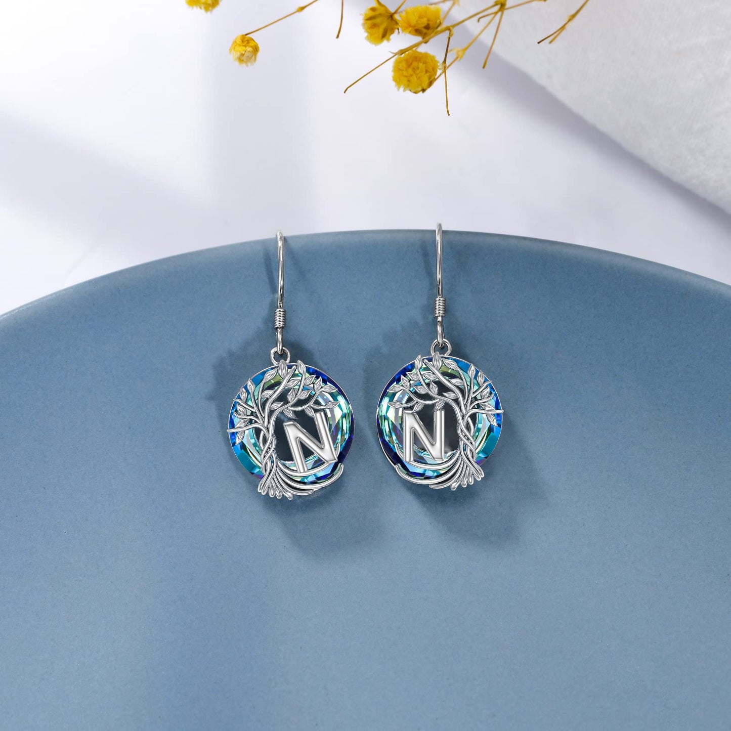 TOUPOP Tree of Life Initial Earrings Sterling Silver Initial N Letter Drop Dangle Earrings Blue Circle Crystal Family Tree Jewelry Birthday Mothers Day Gifts for Women Mom Her