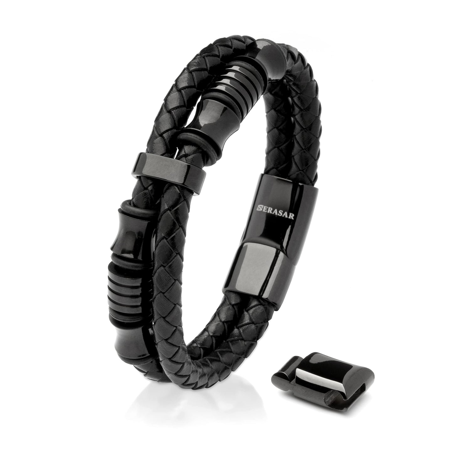 SERASAR 9″ Black Leather Bracelets for Men Mens Cowhide Gift Box Braided Bracelet Stainless Steel Jewelry Wrist Band Cuff Wrap Rope Bangle Dad Man Pulseras para Hombres Cuero Regalo