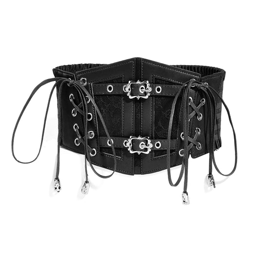 Tosmifairy Vintage Faux Leather Corset Belt Sides Lace-up Medieval Renaissance Underbust Wide Elastic Waist Belts for Women (Black, Fit Waist 30-33")