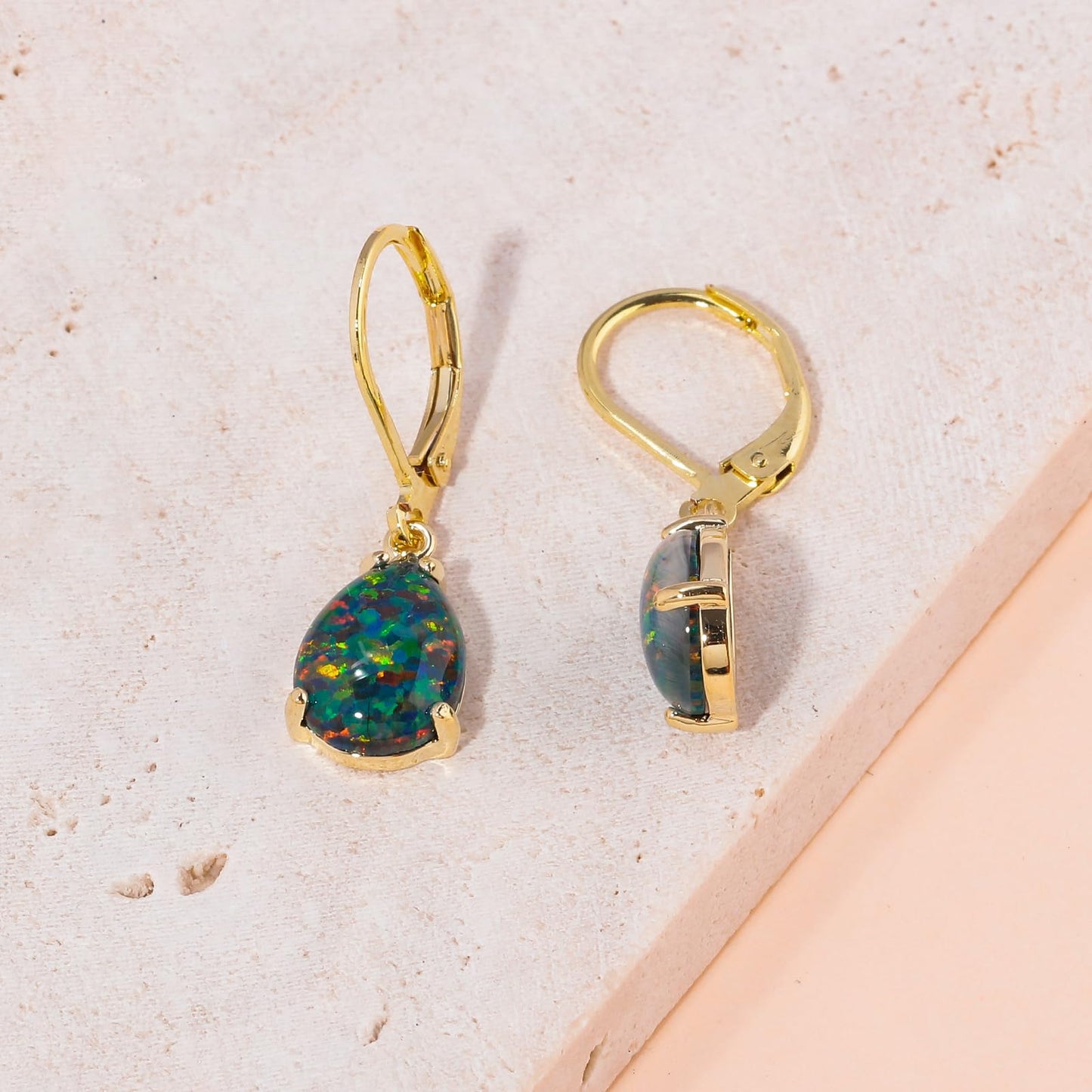 CiNily Teardrop Leverback Dangle Earrings for Women Hypoallergenic Green Black Opal Pendant Drop Earrings 14K Gold Hanging Lever Earrings Graduation Party Jewelry Gifts