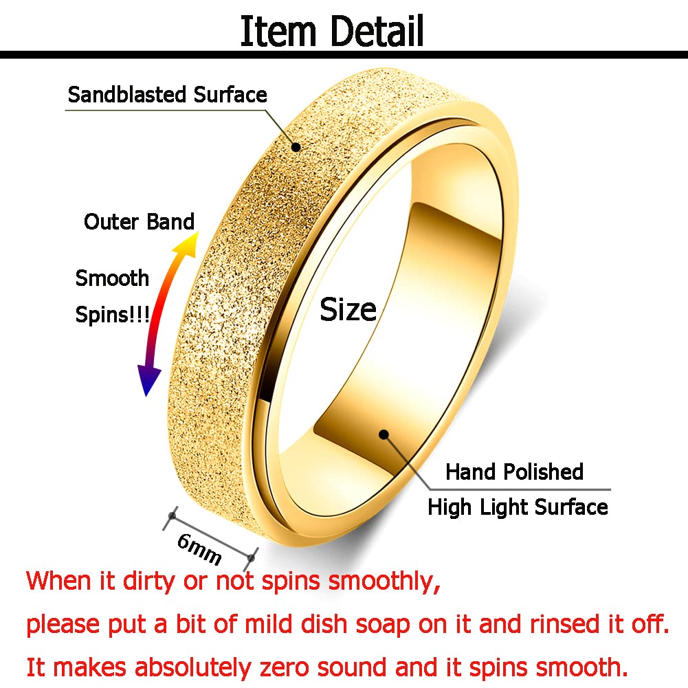 OreilleStar Anxiety Ring for Women Men Titanium Stainless Steel Fidget Toys Adults Spinner Ring 6mm Wide Cool Thumb Rings Band Rings Hand Polished Gold Size 9
