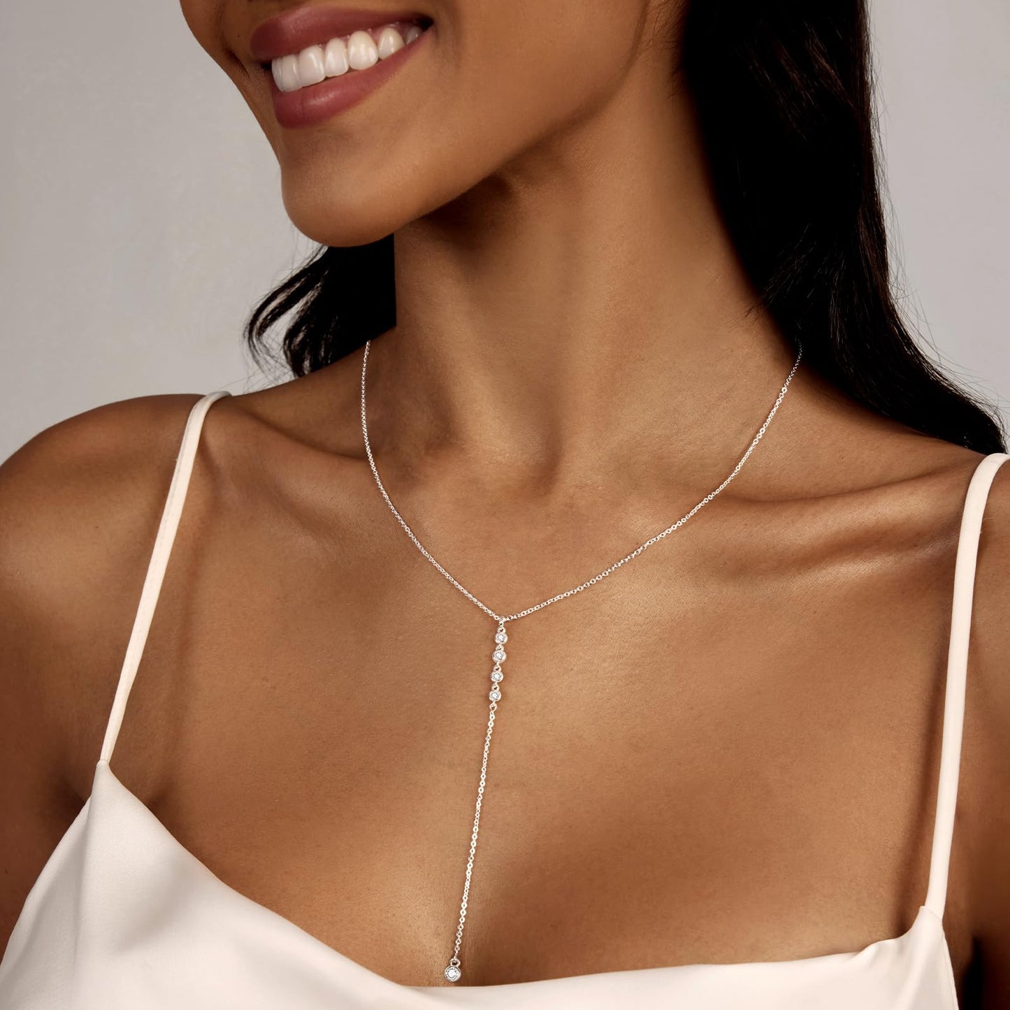 Luxval Long Silver Necklace for Women Trendy Dainty Silver Plated Drop Lariat Necklace Simple CZ Y-Shaped Body Chain Wedding Prom Statement Necklace Jewelry Gifts