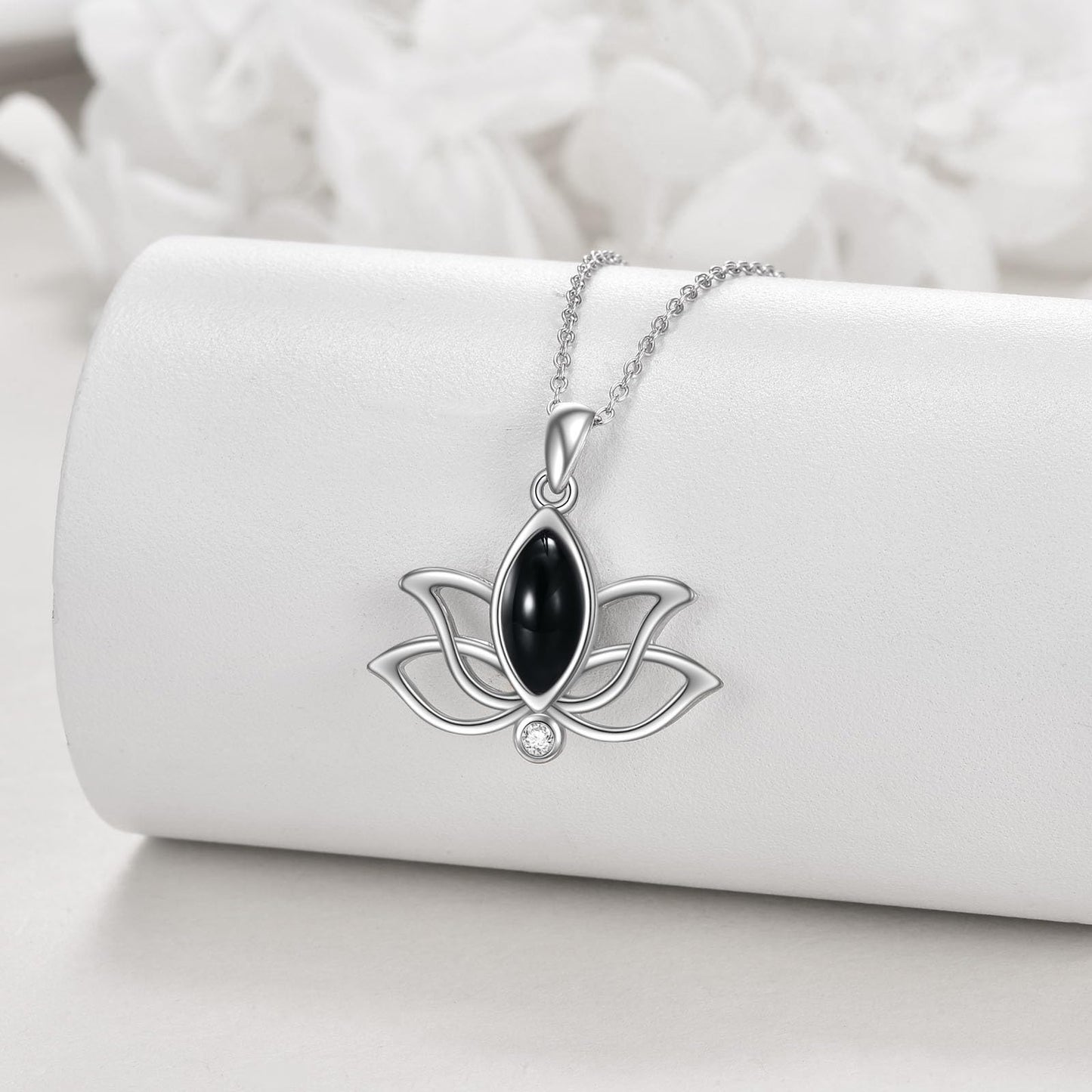 YFN Lotus Flower Necklace Sterling Silver Black Agate Lotus Pendant Lotus Jewelry Gifts for Women