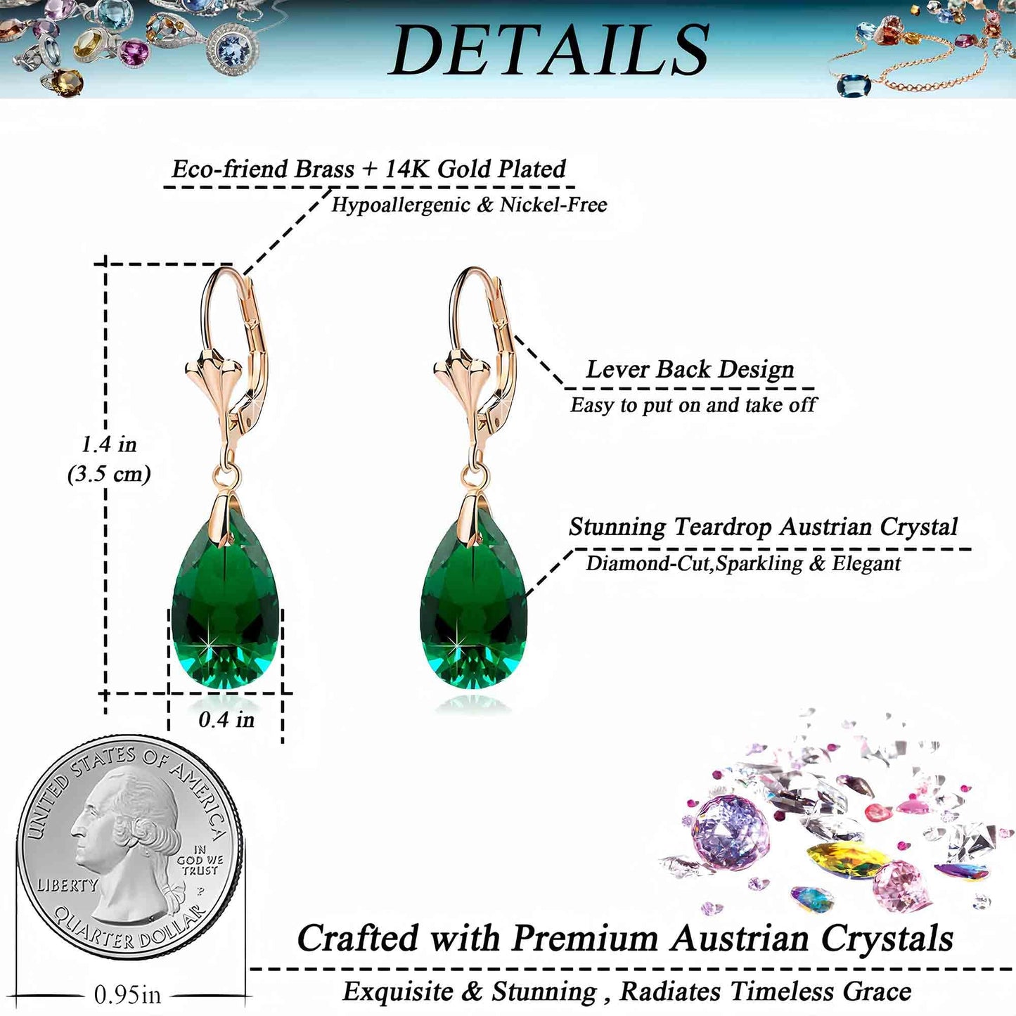 Austrian Crystal Teardrop Leverback Dangle Earrings for Women Fashion 14K Gold Plated Hypoallergenic Jewelry (Emerald)