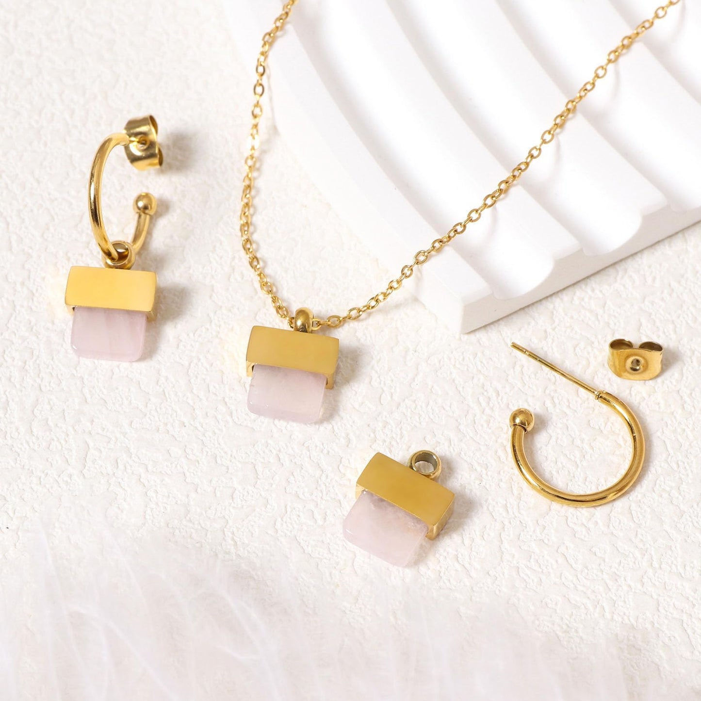 TaYolnFaSo Natural Rose Quartz Necklace and Earrings Set for Women 18K Gold Plated Rose Quartz Jewelry Set Square Gemstone Jewelry Gift