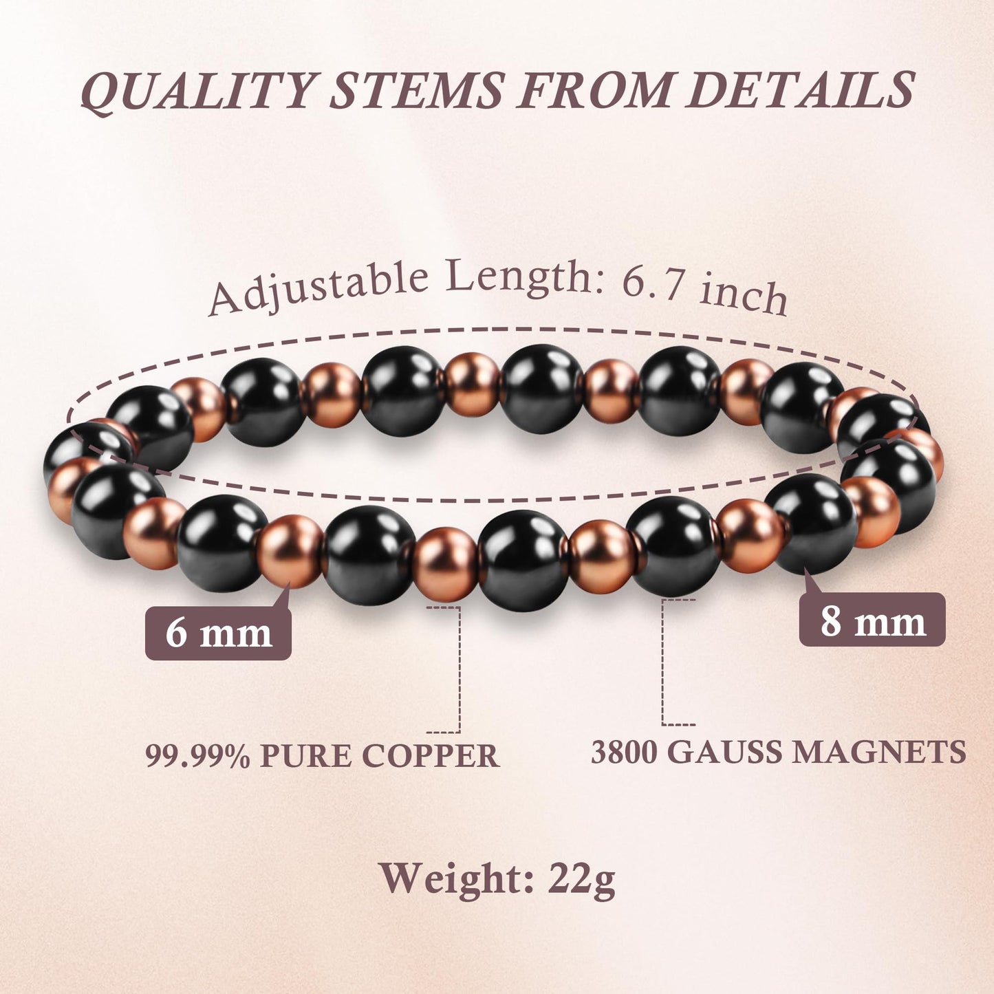 PEALICIOUS Copper Bracelet for Mom, 8MM Copper Jewelry as Mother Day Gift with 3800 Gauss Magnets, Cooper Magnetic Bracelets for Women as Mother Birthday Gifts for Balance Power