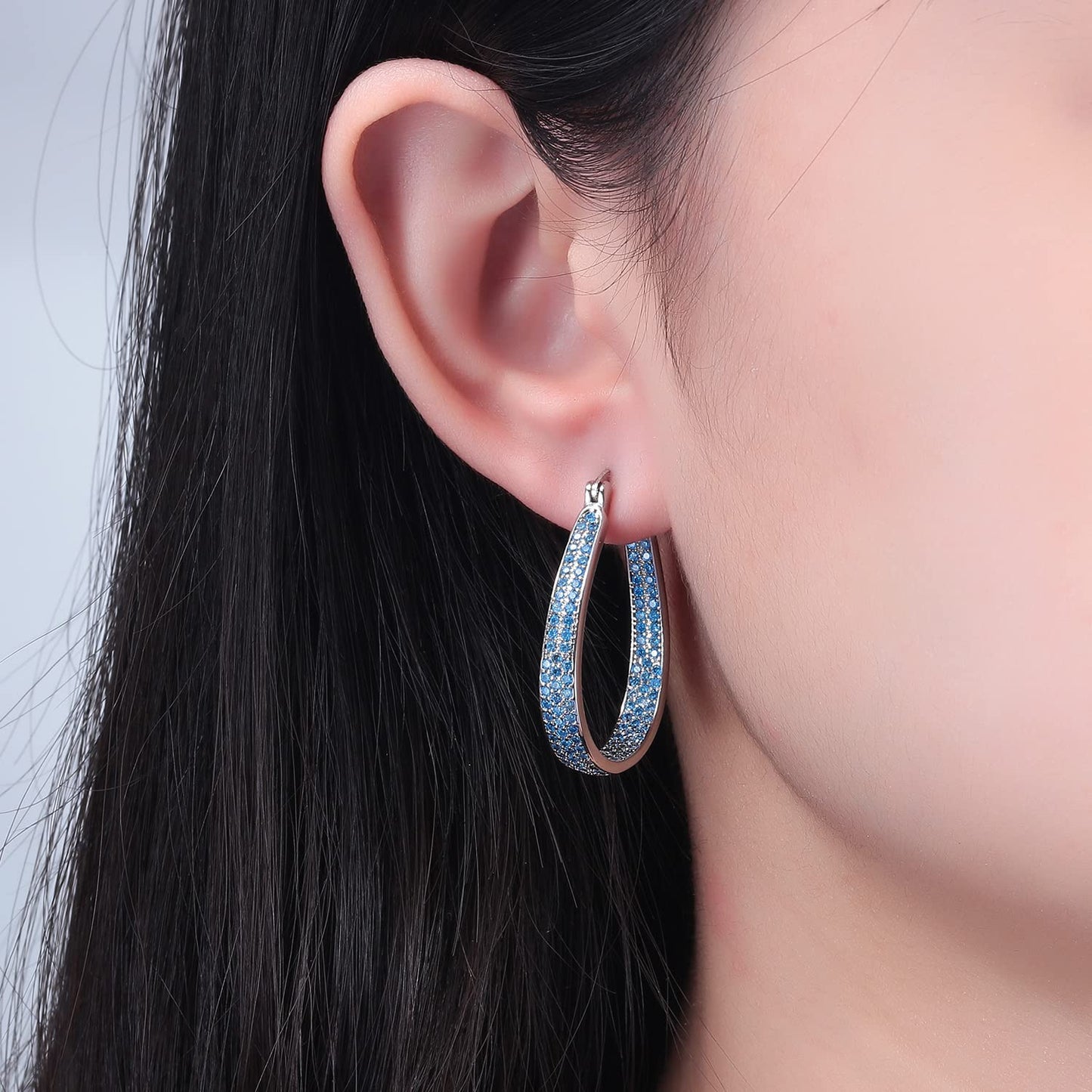 CiNily 925 Sterling Silver Post Hoop Earrings for Women Aquamarine Cubic Zirconia Hoop Earrings 14K White Gold Plated Oval Hoops Chunky Gemstone Earrings Jewelry