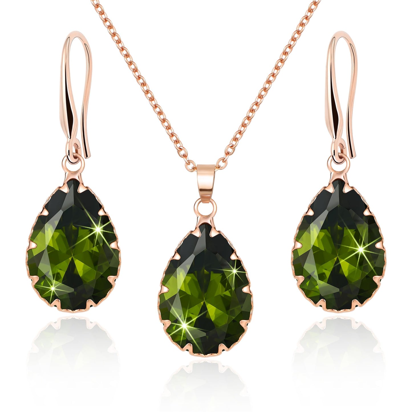 Linawe Tear Drop Earrings Jewelry Sets for Women, Fake Imitation Diamond Pendant Necklace, Birthstone Crystal Cubic Zirconia Dangle Earrings Set, Rose Gold Rhinestone Costume Jewelry Set