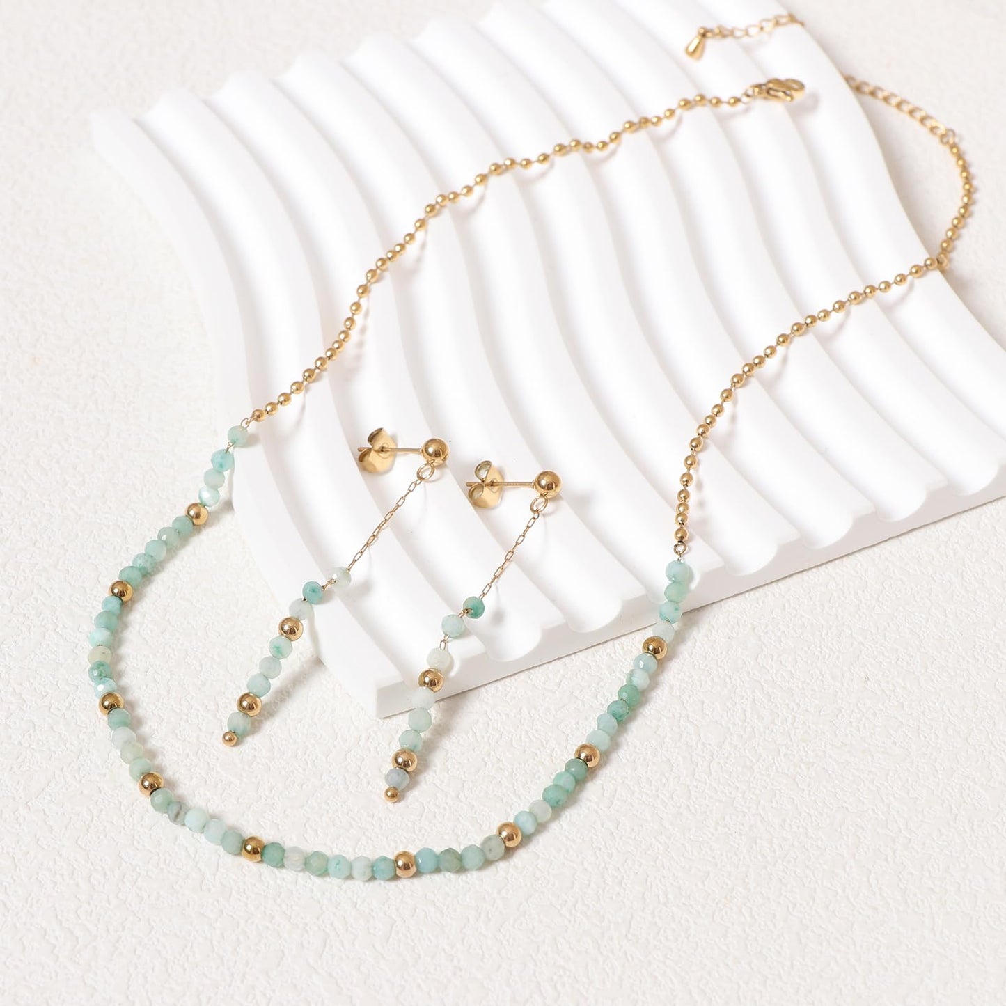TaYolnFaSo Round Amazonite Beads Jewelry Set for Women 18K Gold Plated Amazonite Necklace and Earrings Set Gift for Her