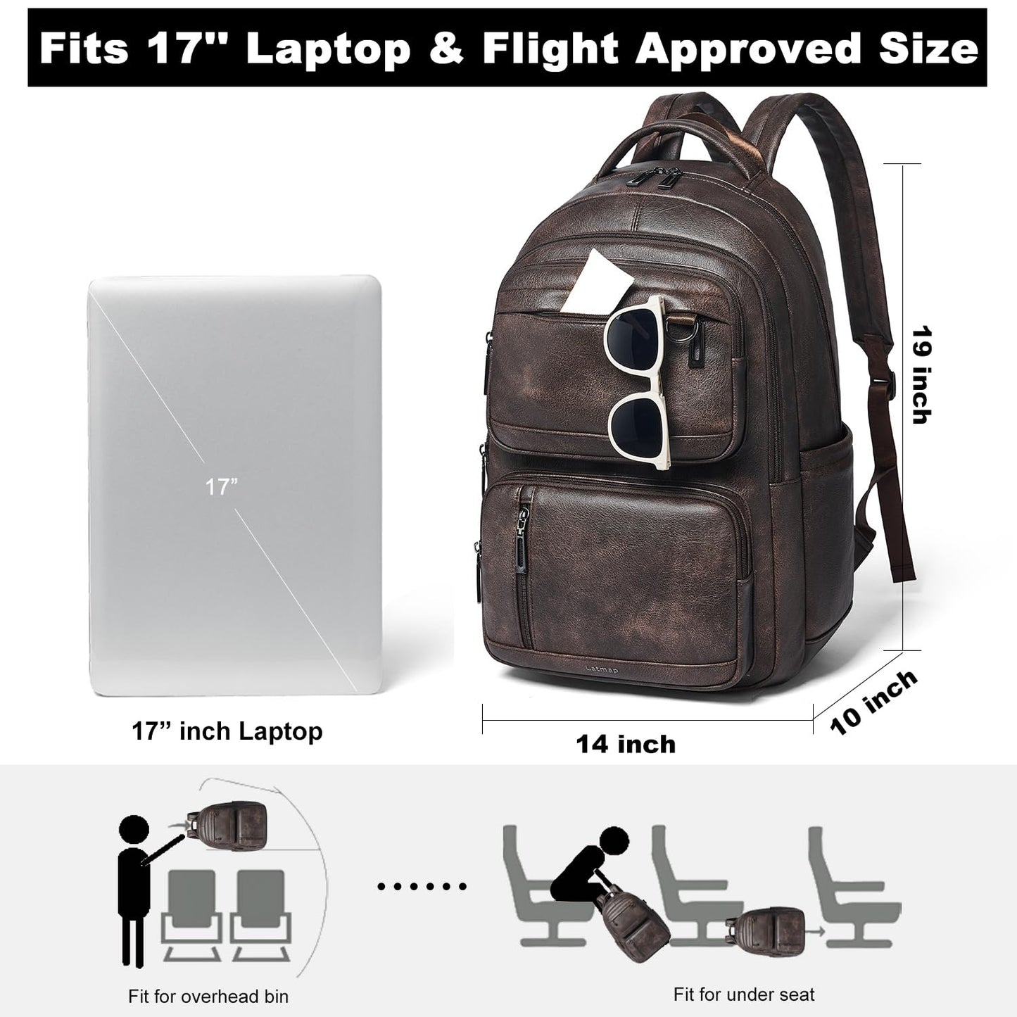 LATMAP Vegan Leather Backpack 17In Laptop Backpack for Women Travel Coffee