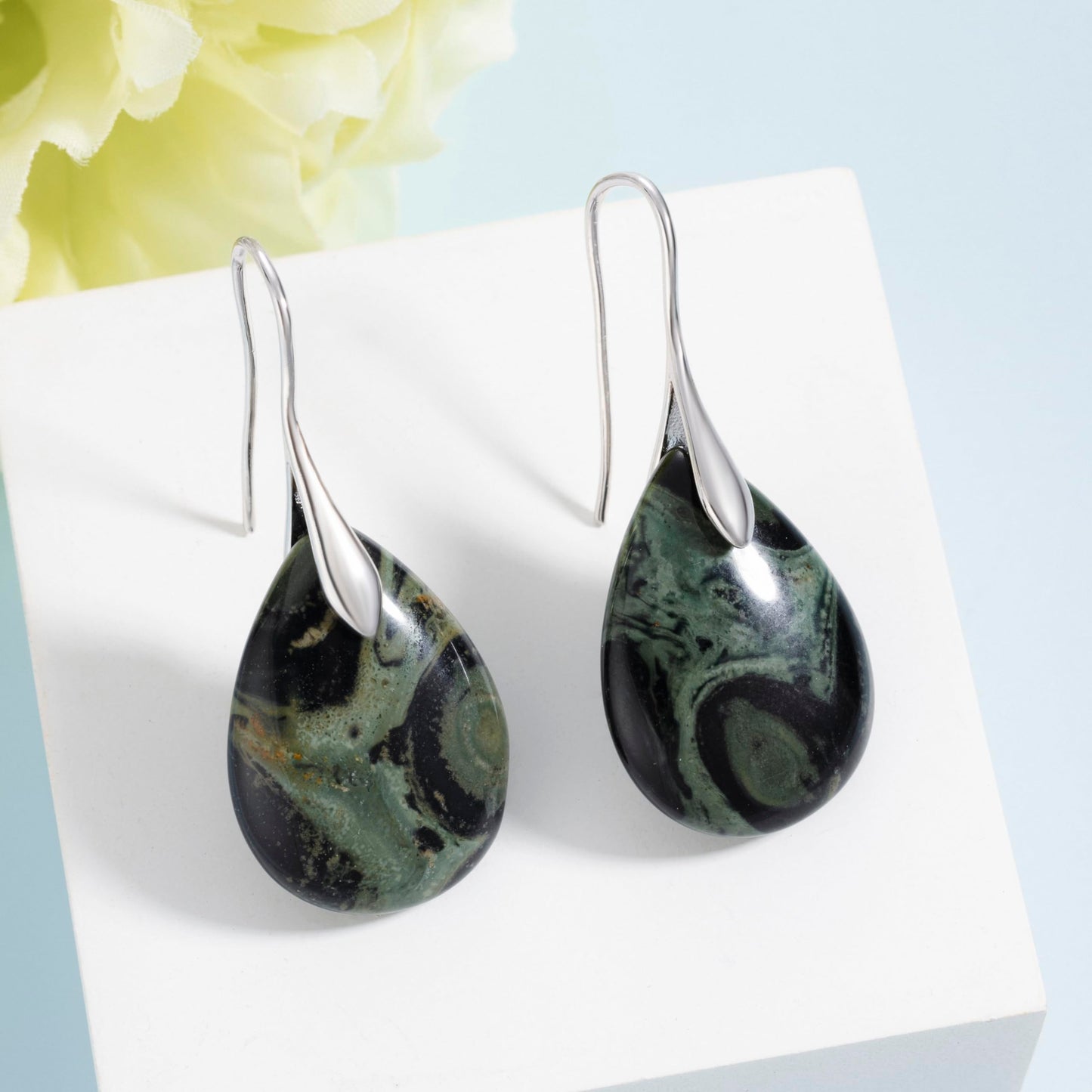 SELOVO Blackish Green Stone Teardrop Fishhook Dangle Drop Earrings Silver Tone