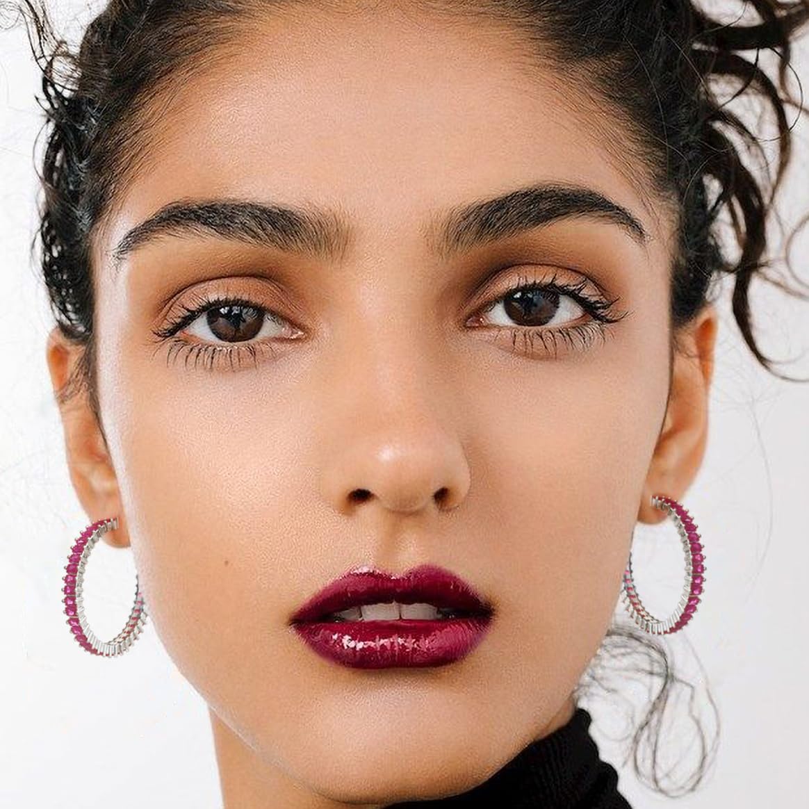GLOQUAT CZ Hot Pink 35mm Fuchsia Hoop Earrings for Women, Brass