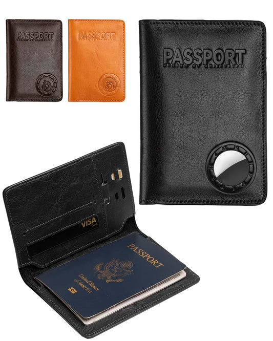 Passport Holder for Travel, Genuine Leather Passport Holder with AirTag Slot, RFID Passport Cover for Airport Essentials, Travel Wallet, Travel Must Haves Gifts
