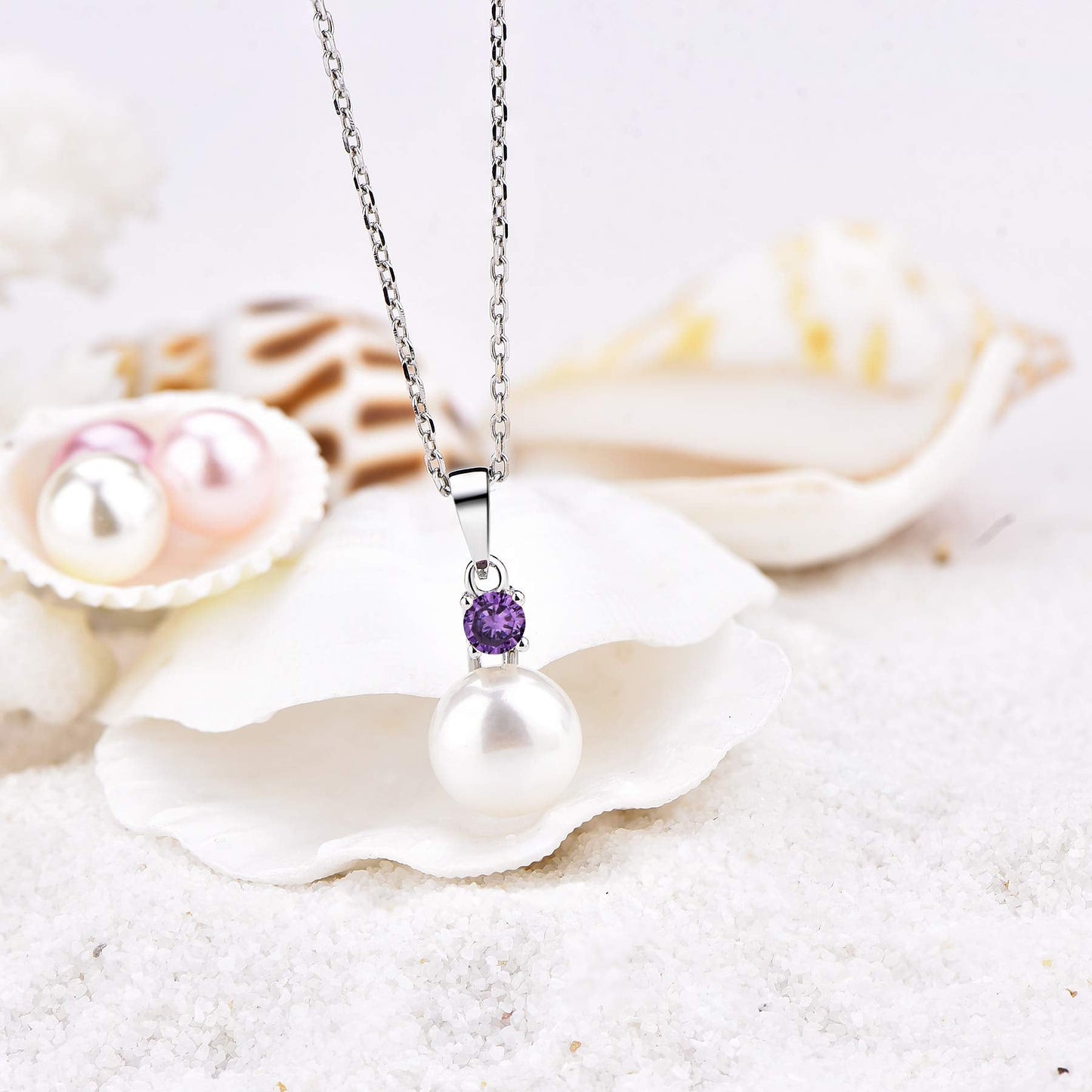 JO WISDOM Pearl Necklace,925 Sterling Silver Cubic Zirconia 10mm White Freshwater Pearl Pendant Necklace,Amethyst June Birthstone Jewelry for Women