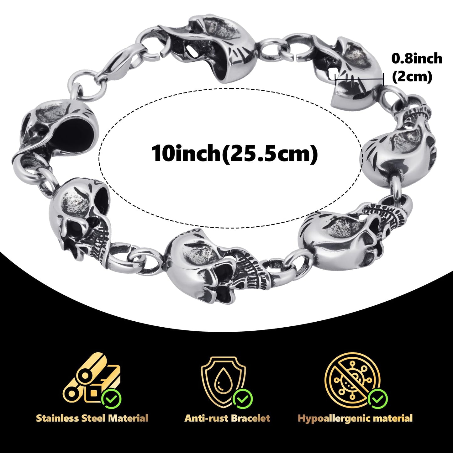 LuxGoth Stainless Steel Skull Head Link Chain Bracelet Gothic Punk Rock Biker Viking Vintage Link Curb Bracelet Jewelry for Men Silver GTS-B1B45041