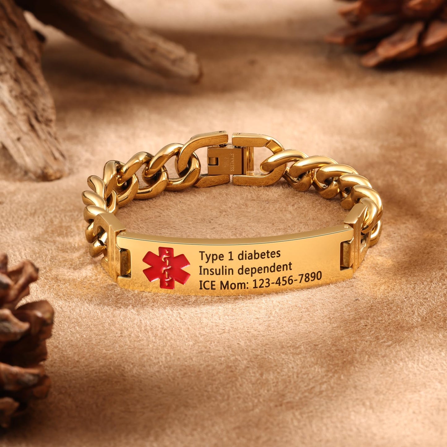 Bijouweled Medical Alert Bracelet for Women Men 7.5 to 9.8 Inches Emergency ID Bracelets Free Engraving Personalized Medic Alert Bracelet for Adult (Gold 7.5-9.8inch 3 sizes)