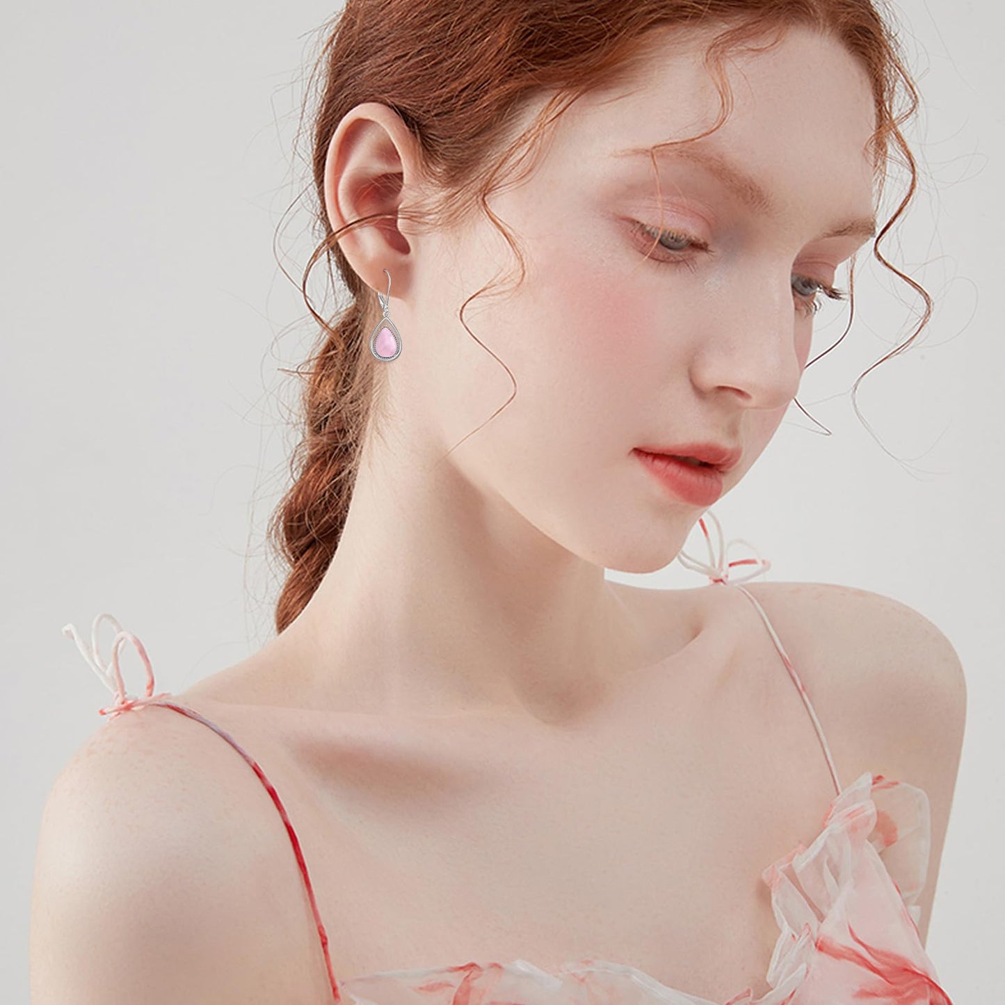 VONALA Valentine's Day Gifts 925 Sterling Silver Rose Quartz Leverback Earrings Pink Stone Teardrop Drop Dangling Earrings Jewelry Gift for Women