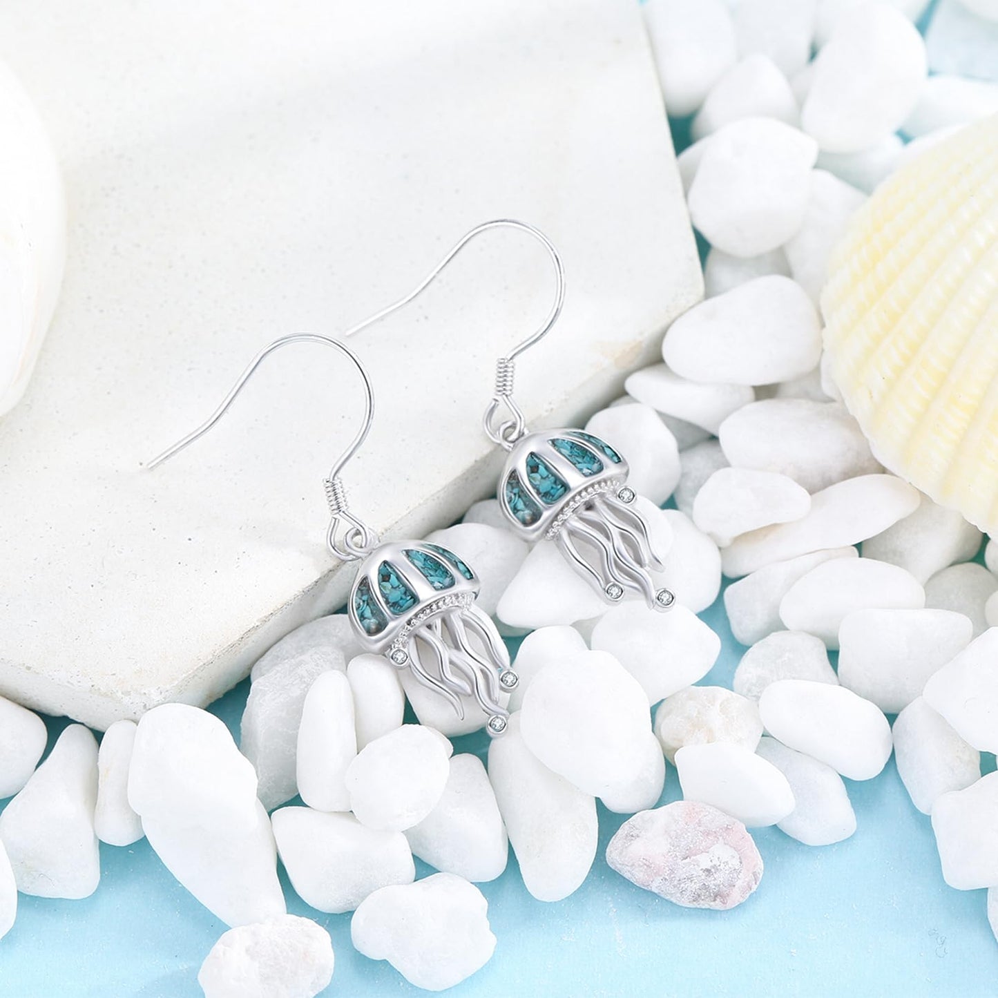 Jellyfish Earrings for Women 925 Sterling Silver Turquoise Jellyfish Dangle Drop Earrings Beach Themed Ocean Jewelry Gifts for Friends
