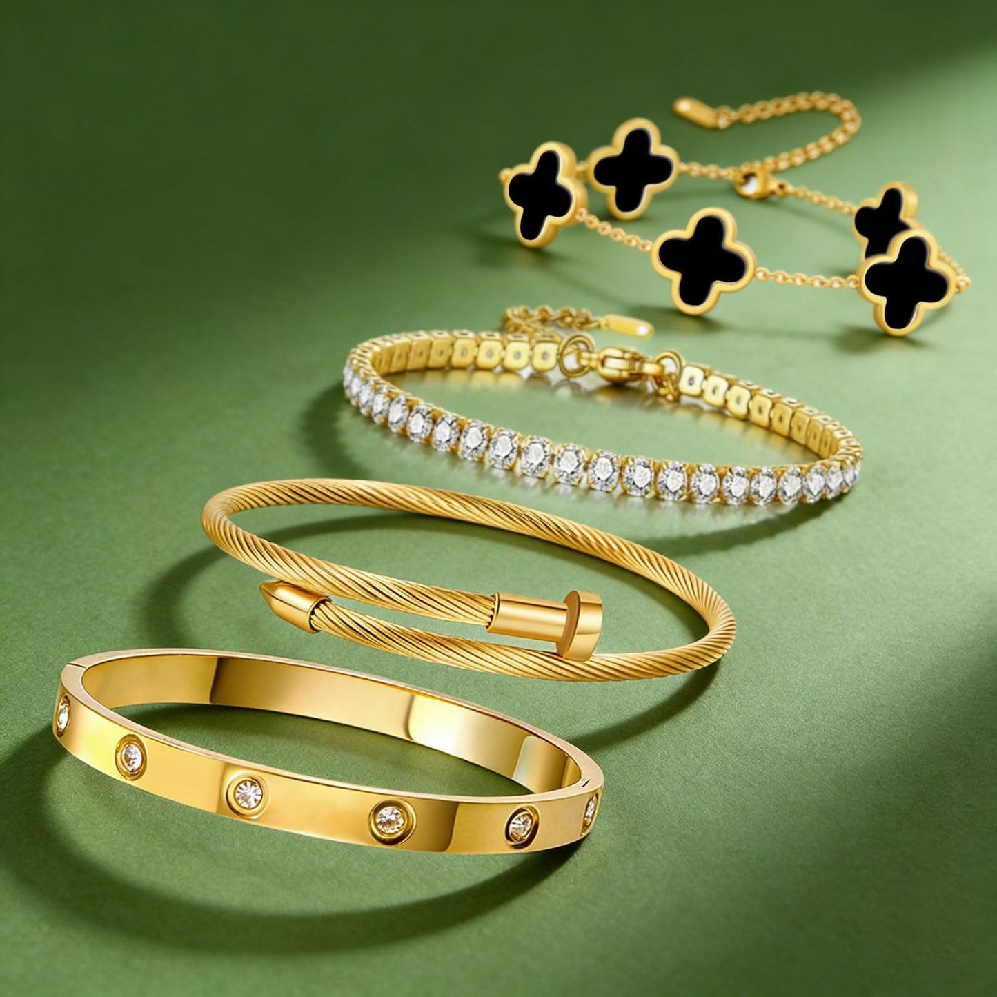 Gold Bracelets for Women, 18K Gold Plated Women Tennis Bracelets Clover Nail Love Bangle Bracelet Set, Gold Bracelet Stackable Set Trendy Jewelry, Gifts for Women's Day and Mother's Day (10-Color- 4 Black)