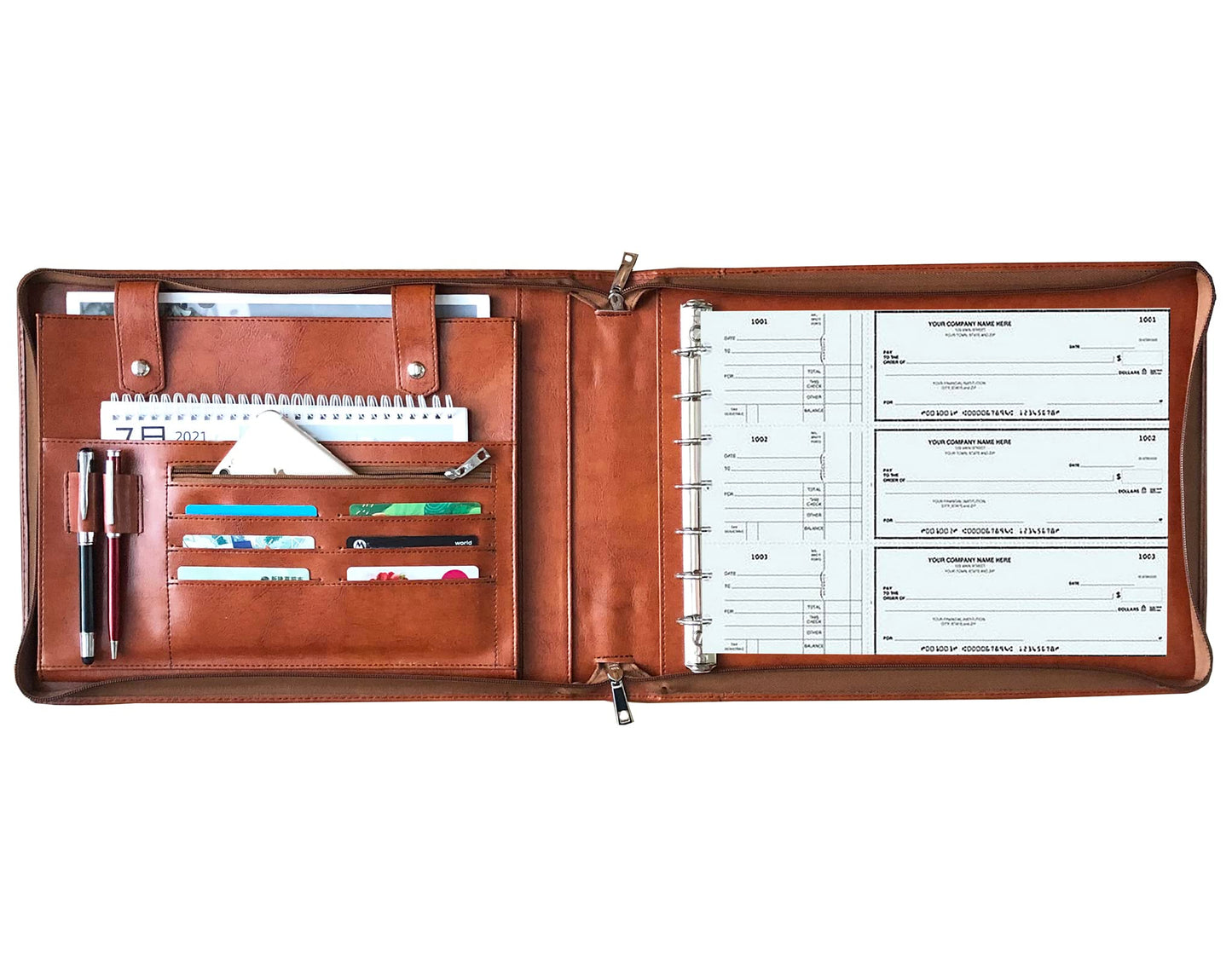 Vegan Leather Business Check Binder 7 Ring, Zippered Business Checkbook Cover, Premium Check Portfolio with Handle, 600 Checks Capacity for 9 x 13 inch Sheets (Standard, Brown)
