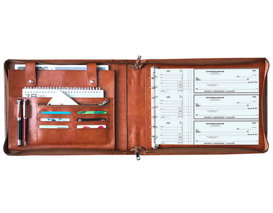 Vegan Leather Business Check Binder 7 Ring, Zippered Business Checkbook Cover, Premium Check Portfolio with Handle, 600 Checks Capacity for 9 x 13 inch Sheets (Standard, Brown)
