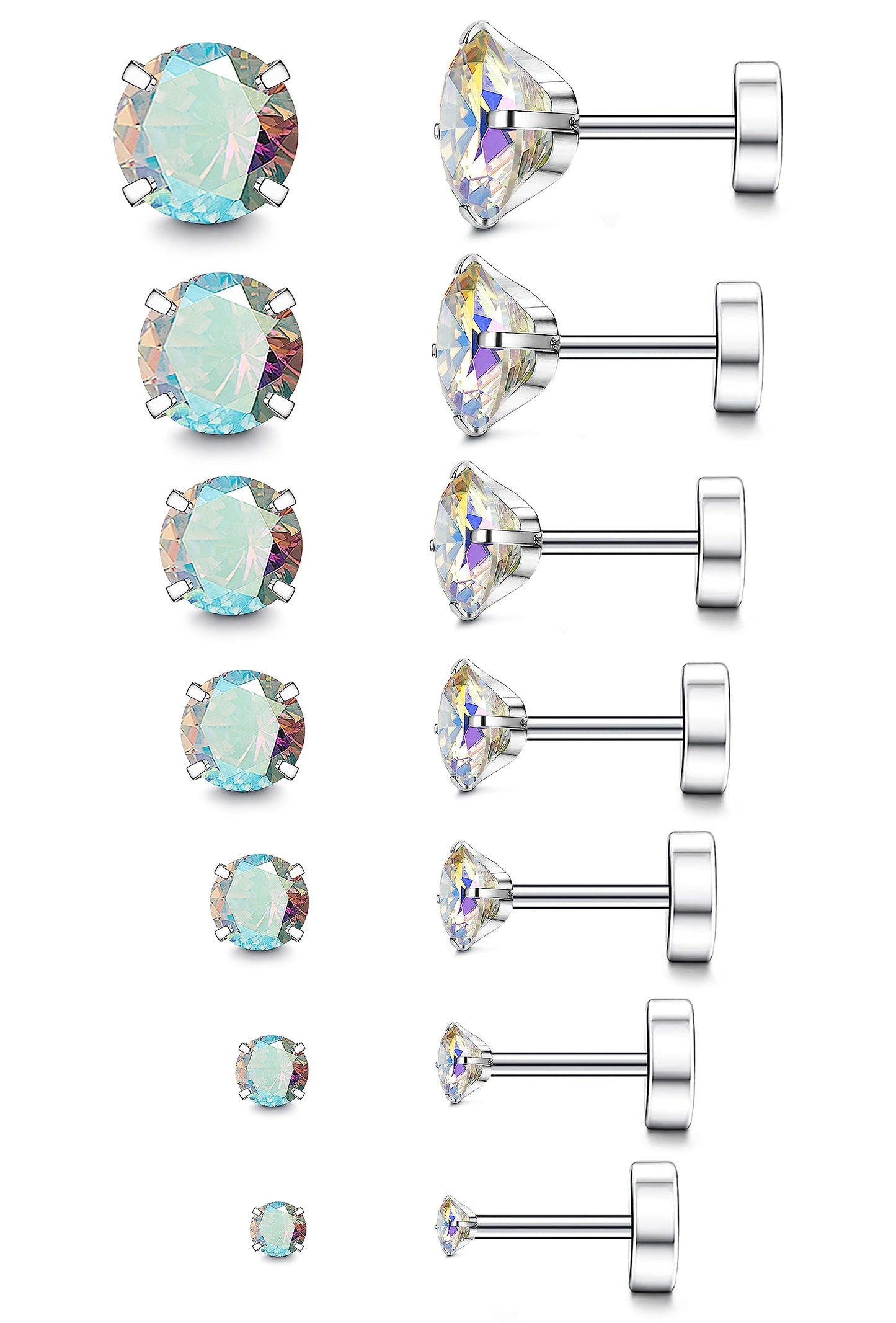 Fansilver 20G Hypoallergenic Flat Back Earrings for Women Men Silver 14K Gold Stainless Steel Stud Earrings Brithstone Cubic Zirconia Studs Surgical Steel Cartilage Earrings for Sensitive Ears