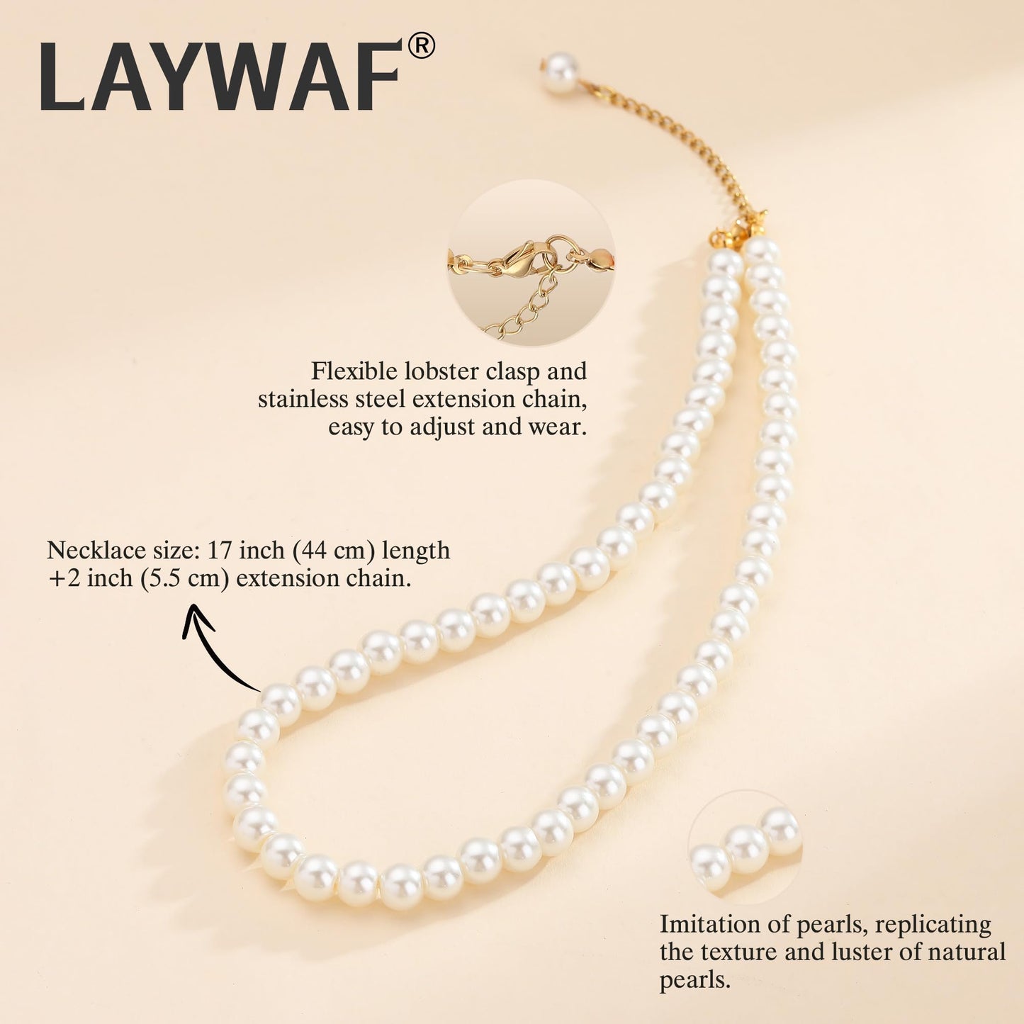 LAYWAF White Imitation Pearl Necklace for Women, Fake Pearl Choker Necklace, 8MM Beaded Necklace, Dainty Simple Faux Pearl Mom Necklace, Wedding Necklace for Bride Bridal
