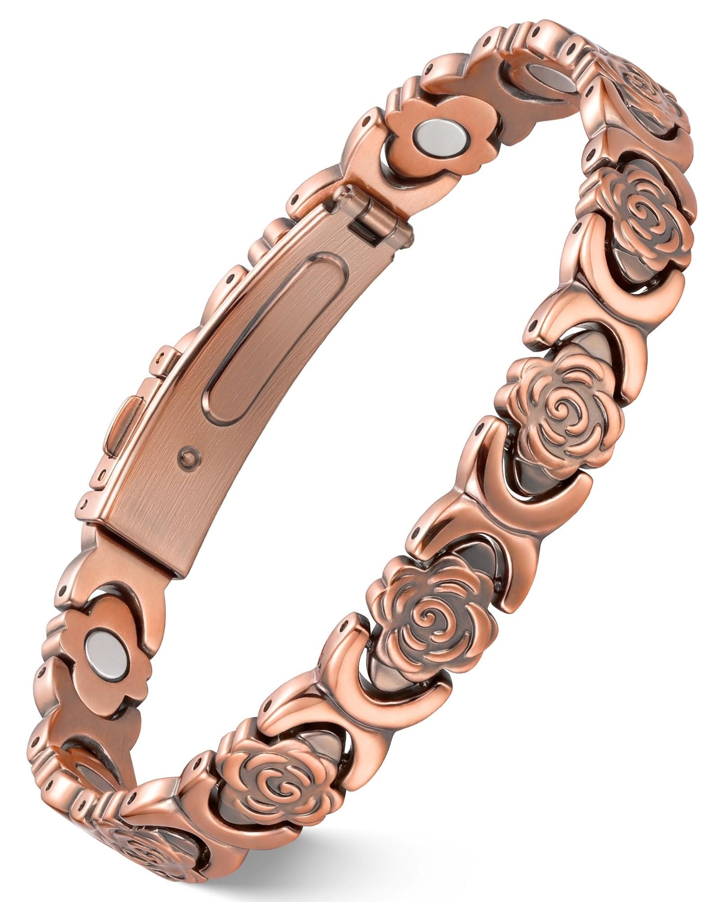 Feraco Pure Copper Bracelets for Women, Ultra Strength Magnetic Bracelet for Women with 3800 Gauss Magnet, Adjustable Flower Real Copper Jewelry Gift with Infinite Rose-Engraved (Copper)