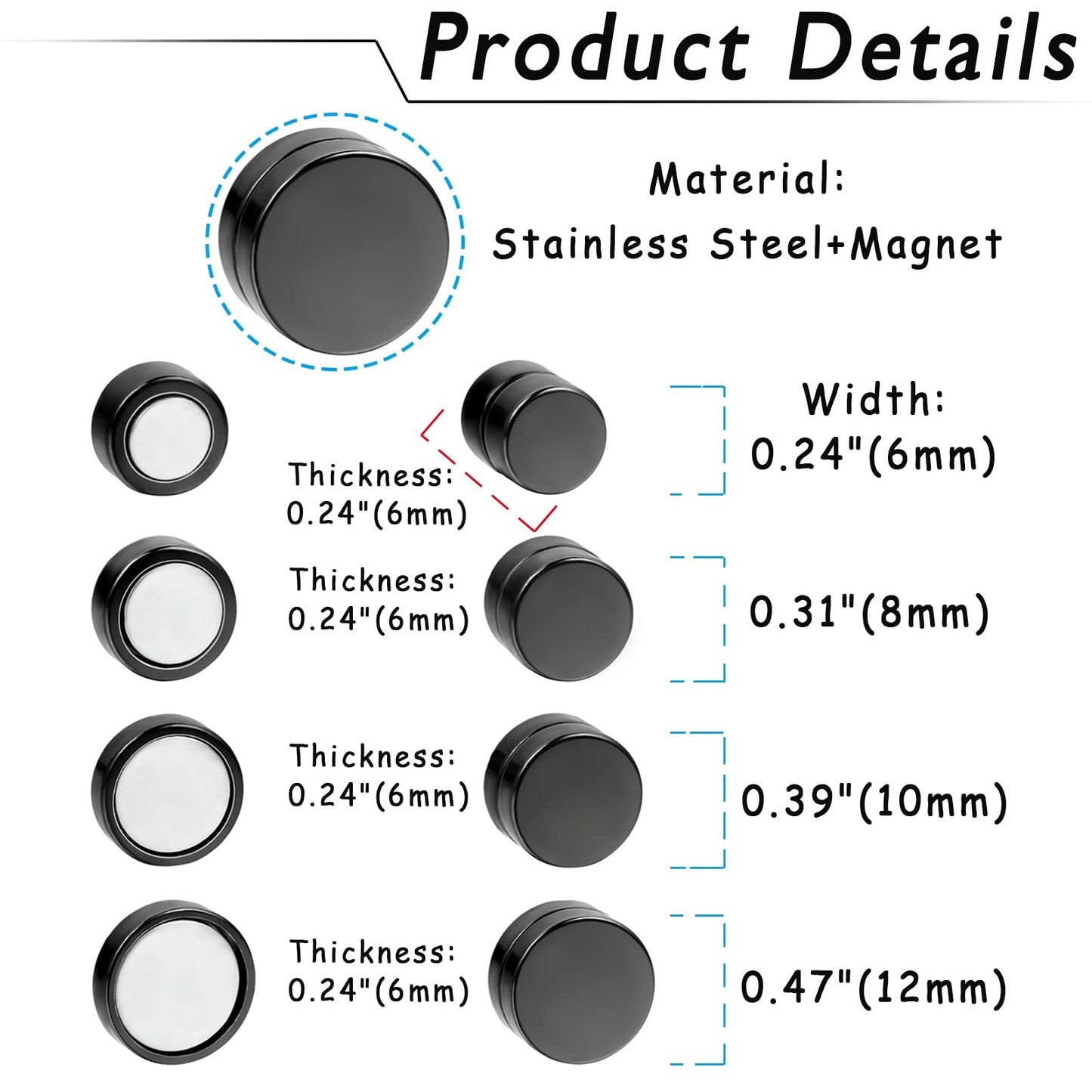 Rofusn Punk 8mm Stainless Steel Black Non-piercing Clip On Fake Cheater Stud Earrings for Men Women