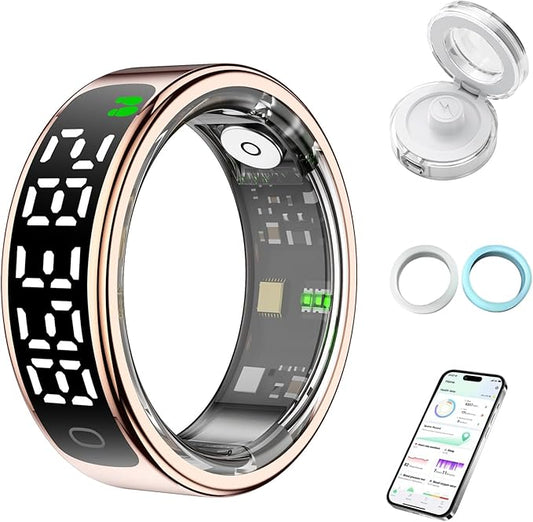Smart Health Ring for Women Men, Smart Ring Fitness Tracker for iOS Android, Heart Rate, Blood Oxygen, Blood Pressure, Sleep Monitoring,5ATM Waterproof, No Subscription Fee (Gold, 12#)