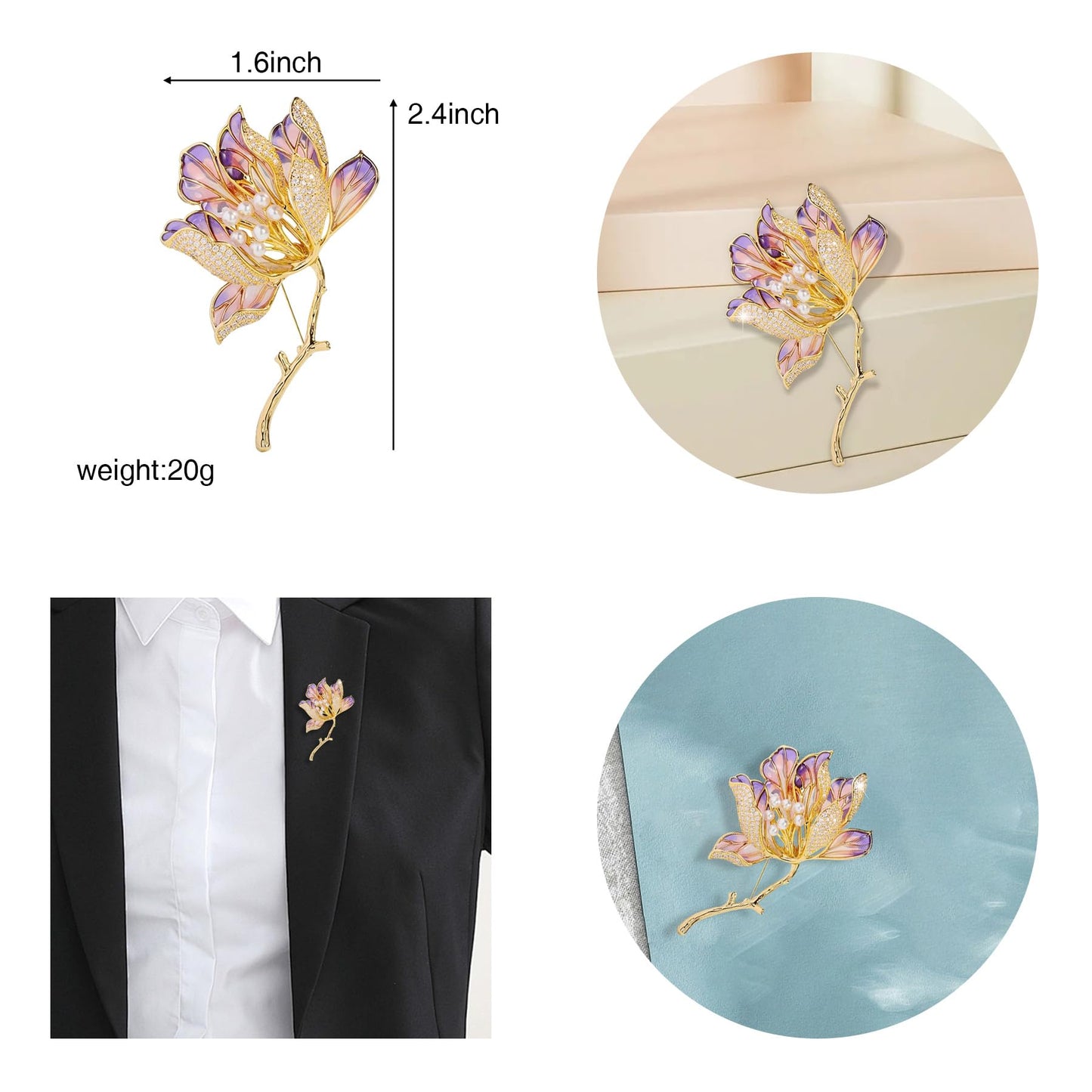 Crystal Flower Brooch Pins for Women Elegant Enamel Rhinestone Floral Brooches Pin Fashion Jewelry for Party Dance Wedding Banquet Brooch for Women Gift (Purple Enamel Flower)