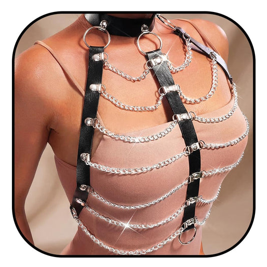 REETAN Leather Chest Harness Chain Gothic Rave Black Fashion Body Accessories for Women