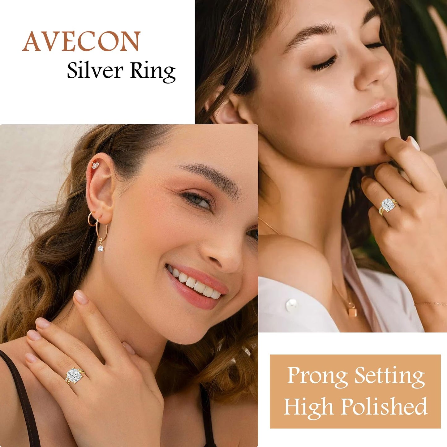 AVECON 5CT Elongated Cushion Cut Engagement Ring Set for Women, Wedding Promise Cubic Zirconia Band, 14K Gold Plated Stackable Adjustable Bridal Half Eternity Open Rings, Size 6