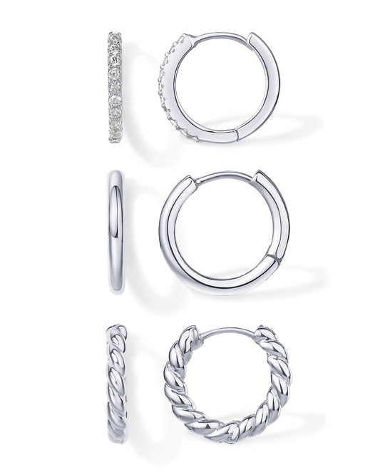PAVOI Rhodium Plated 925 Sterling Silver Posts 3 Pairs Small Hoop Earrings for Women - Cubic Zirconia Plain Rope Huggie Pack - Lightweight Set