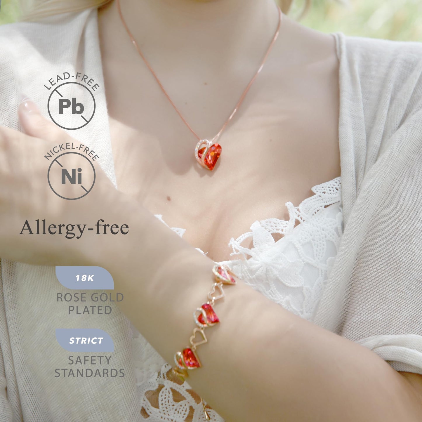 Leafael Gifts for Women Rose Gold Plated Necklaces: Heart Carnelian Red Crystal, Birthstone for January and July, Hypoallergenic Chain (18"+2"), Birthday Jewelry for Mom and Wife