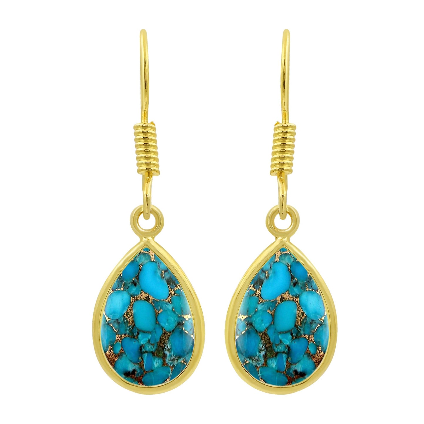 Natural Blue Copper Turquoise Pear Shape Dangle Earrings for Women - 14K Yellow Gold Plated December Birthstone Blue Gemstone Earrings - Handmade Jewelry Gifts for Her