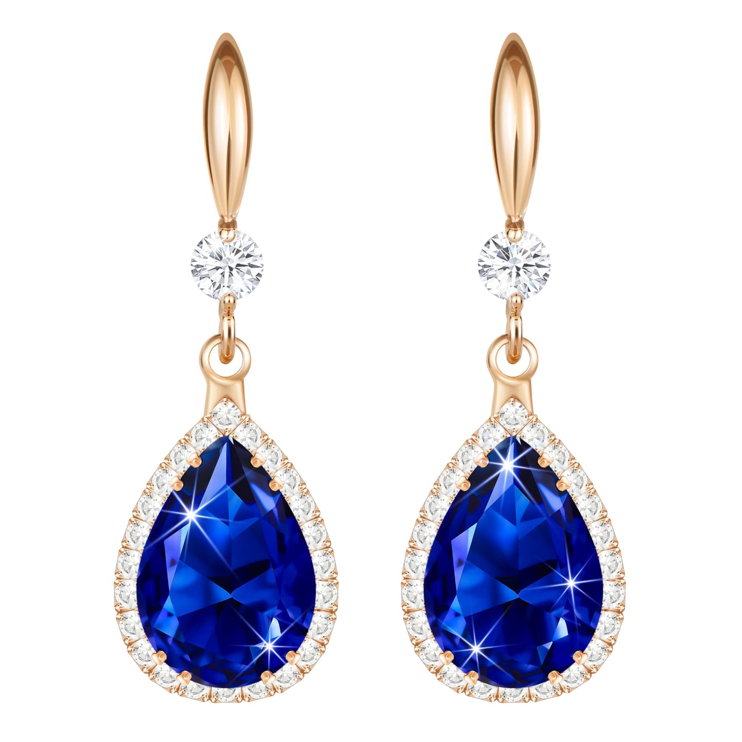 Linawe Sapphire Blue Earrings for Women Rose Gold, Imitation Diamond Drop Dangle Earrings, Chandelier Rhinestone Cubic Zirconia Crystal Teardrop Earrings, Wedding Jewelry Set