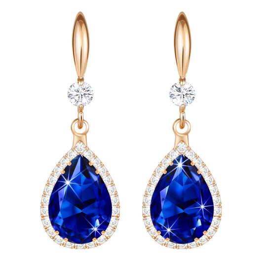 Linawe Sapphire Blue Earrings for Women Rose Gold, Imitation Diamond Drop Dangle Earrings, Chandelier Rhinestone Cubic Zirconia Crystal Teardrop Earrings, Wedding Jewelry Set
