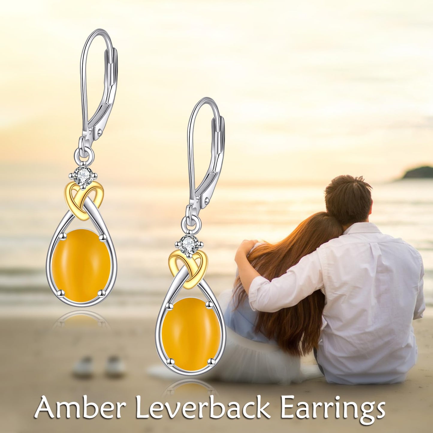 Amber Earrings for Women 925 Sterling Silver Amber Leverback Dangle Earrings Teardrop Jewelry Gift