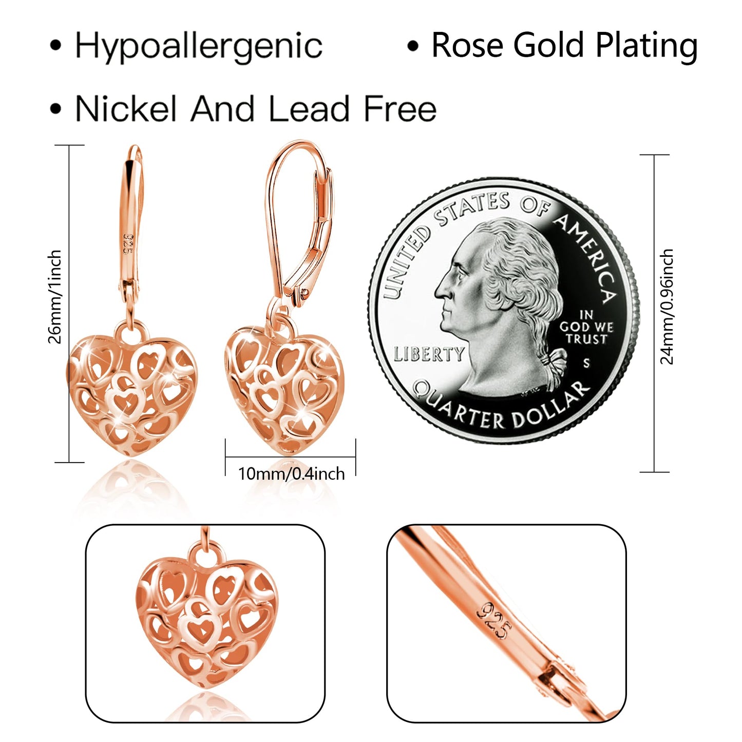 LANCHARMED 925 Sterling Silver Heart Dangle Drop Earrings for Women, Rose Gold Trendy French Style Silver Leverback Earrings Hypoallergenic Jewelry