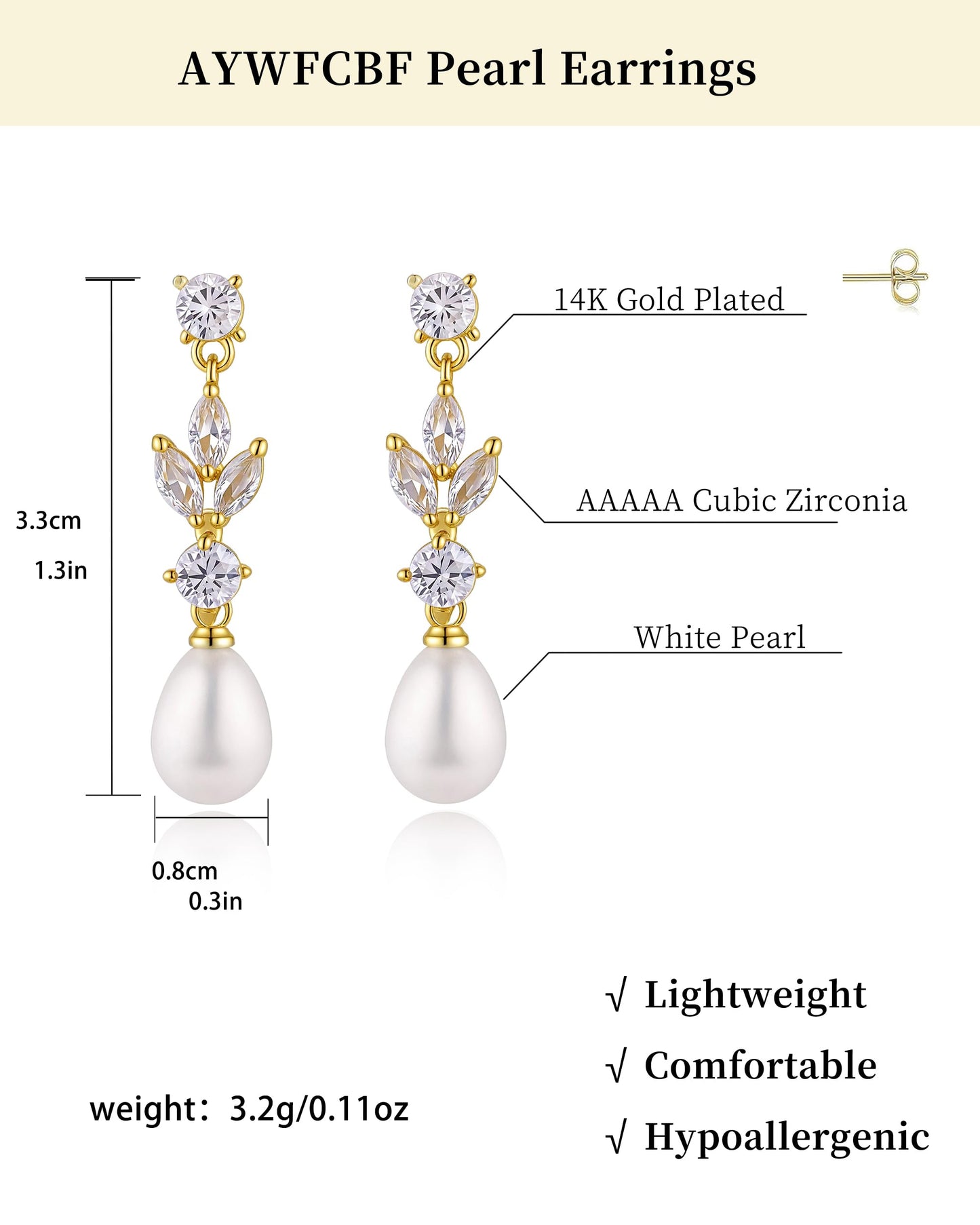 Pearl Earrings for Women, 14k Gold Plated Dangle Pearl Diamond Earrings Bridal Shower Gifts Wedding jewelry for Women