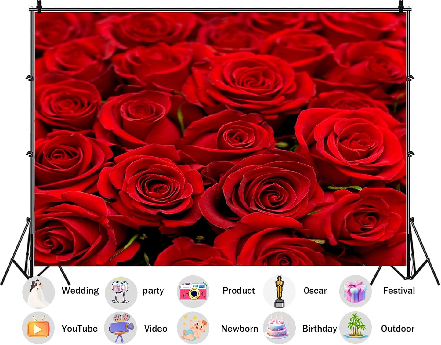 SHDASMIL 5X4ft Bright Red Roses Close Up Backdrop Fresh Floral Bouquet Background for Valentines Day Wedding Party