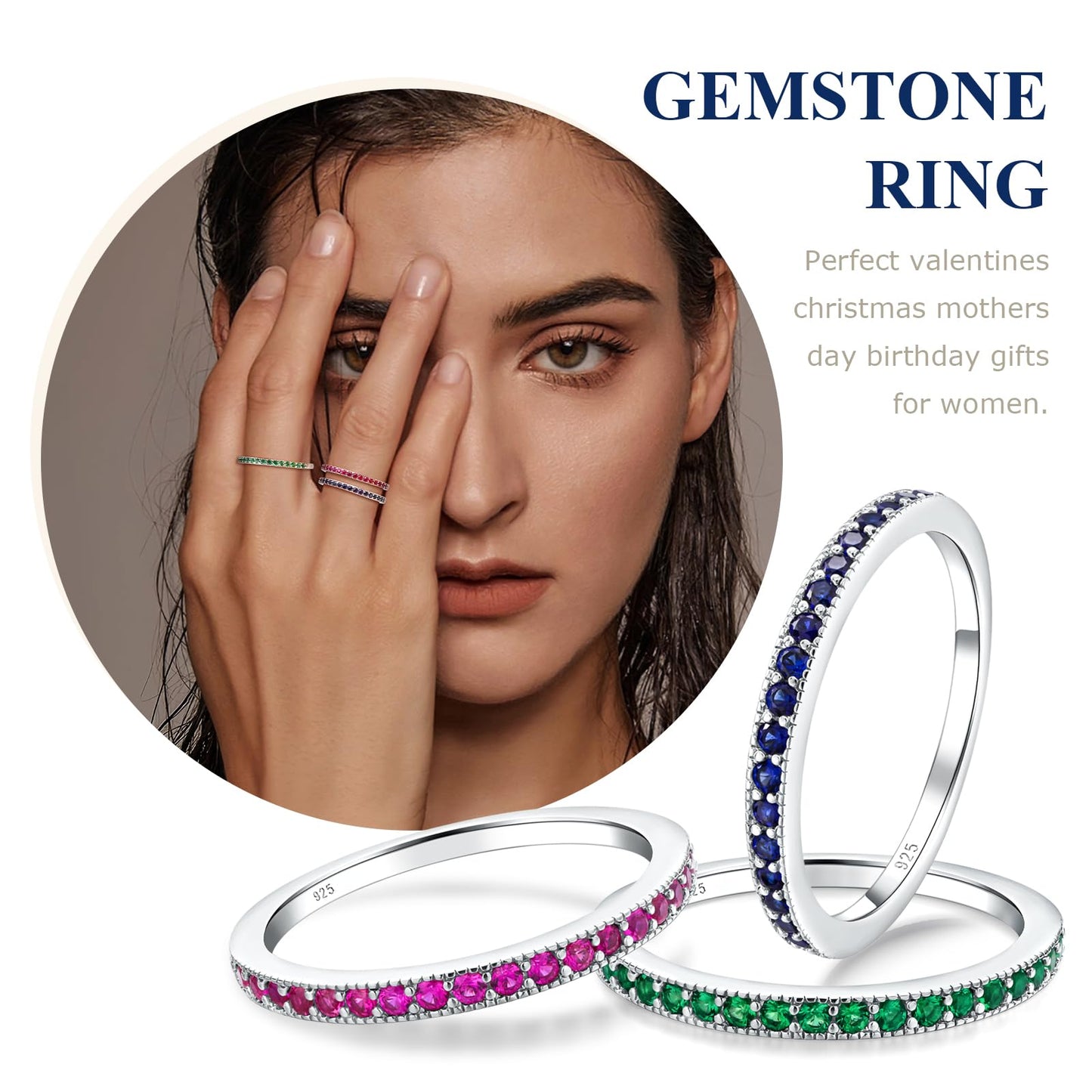 AGRULE 0.4 Cttw Blue Sapphire Wedding Ring for Women White Gold Plated Sterling Silver Dainty Simple Anniversary Band 1.7mm Wide Stackable September Birthstone Rings, Size 7