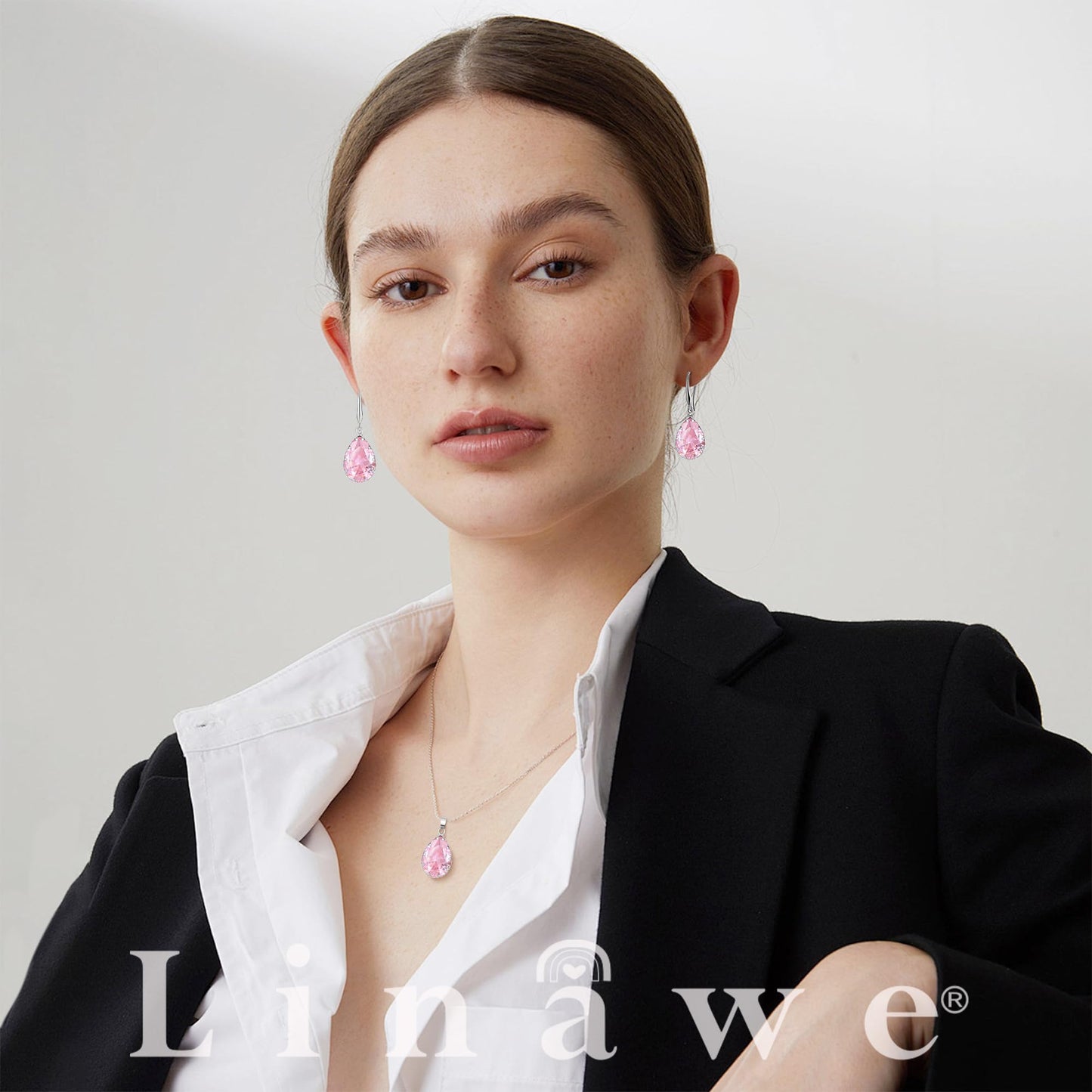 Linawe Pink Jewelry Sets for Women, Crystal Pendant Necklace Set Silver, Imitation Diamond Rhinestone Cubic Zirconia Birthstone Teardrop Dangle Drop Earrings, Matching Necklace Wedding Earring Set