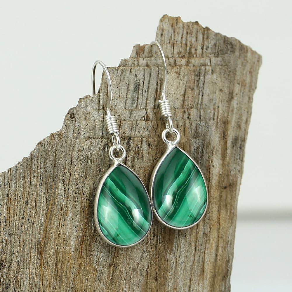 Natural Malachite Sterling Silver Plated Dangle Earrings for Women - Green Stone Teardrop Shape April Birthstone Handmade Drop Earrings Jewelry - Gifts for Her