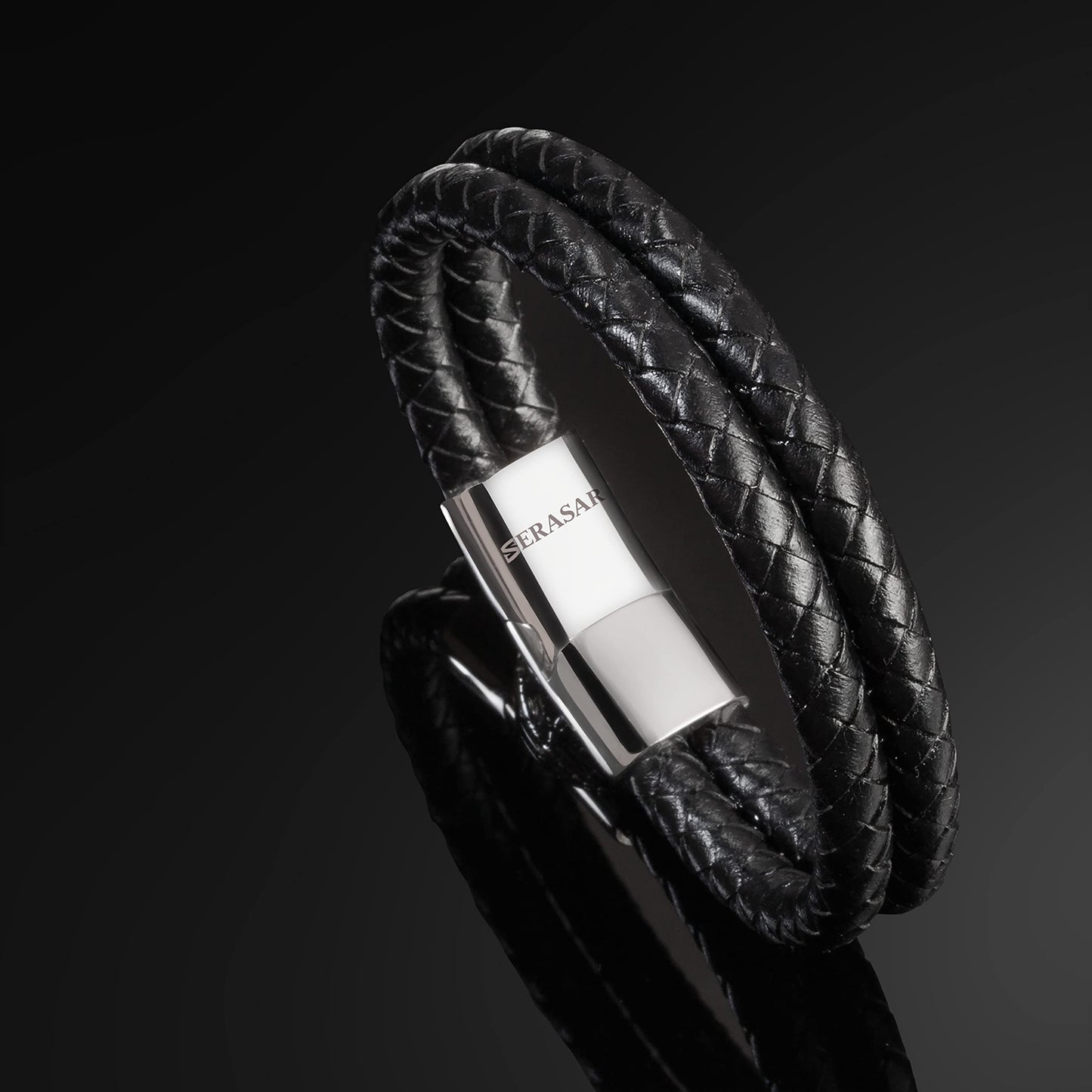 SERASAR 8″ Silver Leather Bracelets for Men Mens Armlet Cowhide Gift Box Braided Circlet Stainless Steel Jewelry Wrist Band Cuff Wrap Rope Bangle Dad Pulseras para Hombres Cuero Regalo
