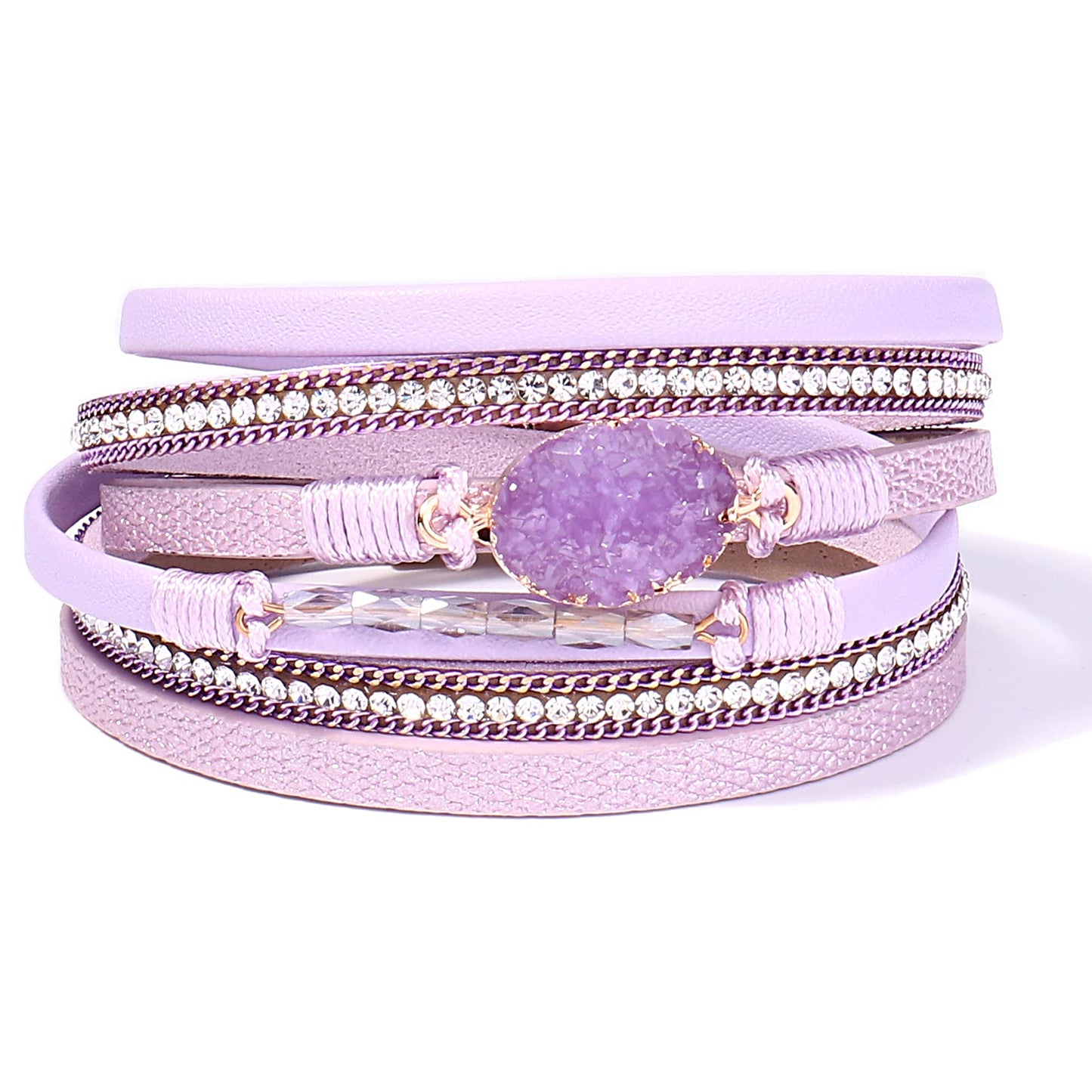 FANCY SHINY Boho Leather Wrap Bracelet Stackable Chunky Crystal Cuff Bracelets with Magnetic Clasp Cowboy Cowgirl Western Summer Beach Outfits Jewelry Gifts for Women (14.7", Purple)